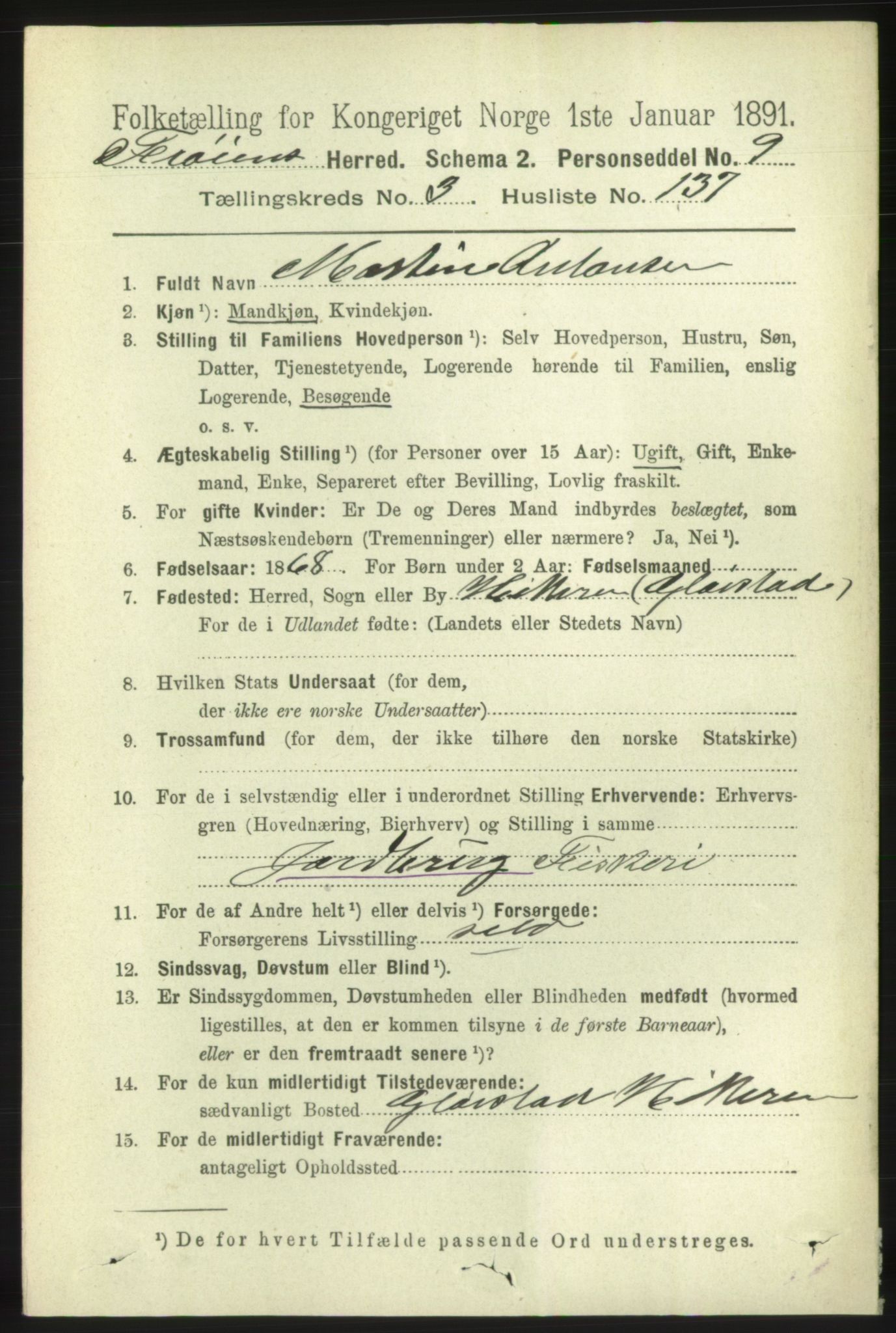 RA, 1891 census for 1619 Frøya, 1891, p. 2870