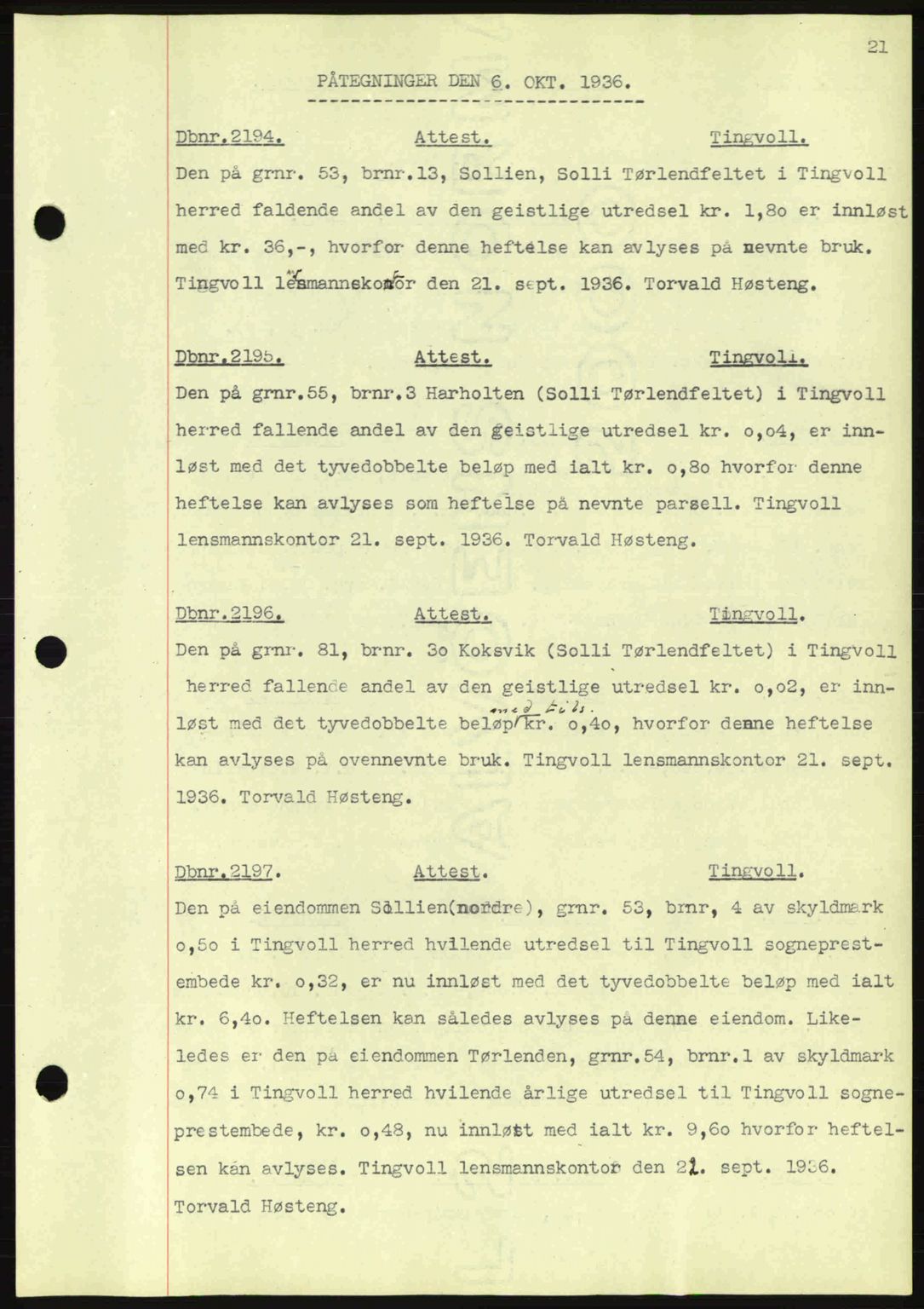 Nordmøre sorenskriveri, AV/SAT-A-4132/1/2/2Ca: Mortgage book no. C80, 1936-1939, Diary no: : 2194/1936