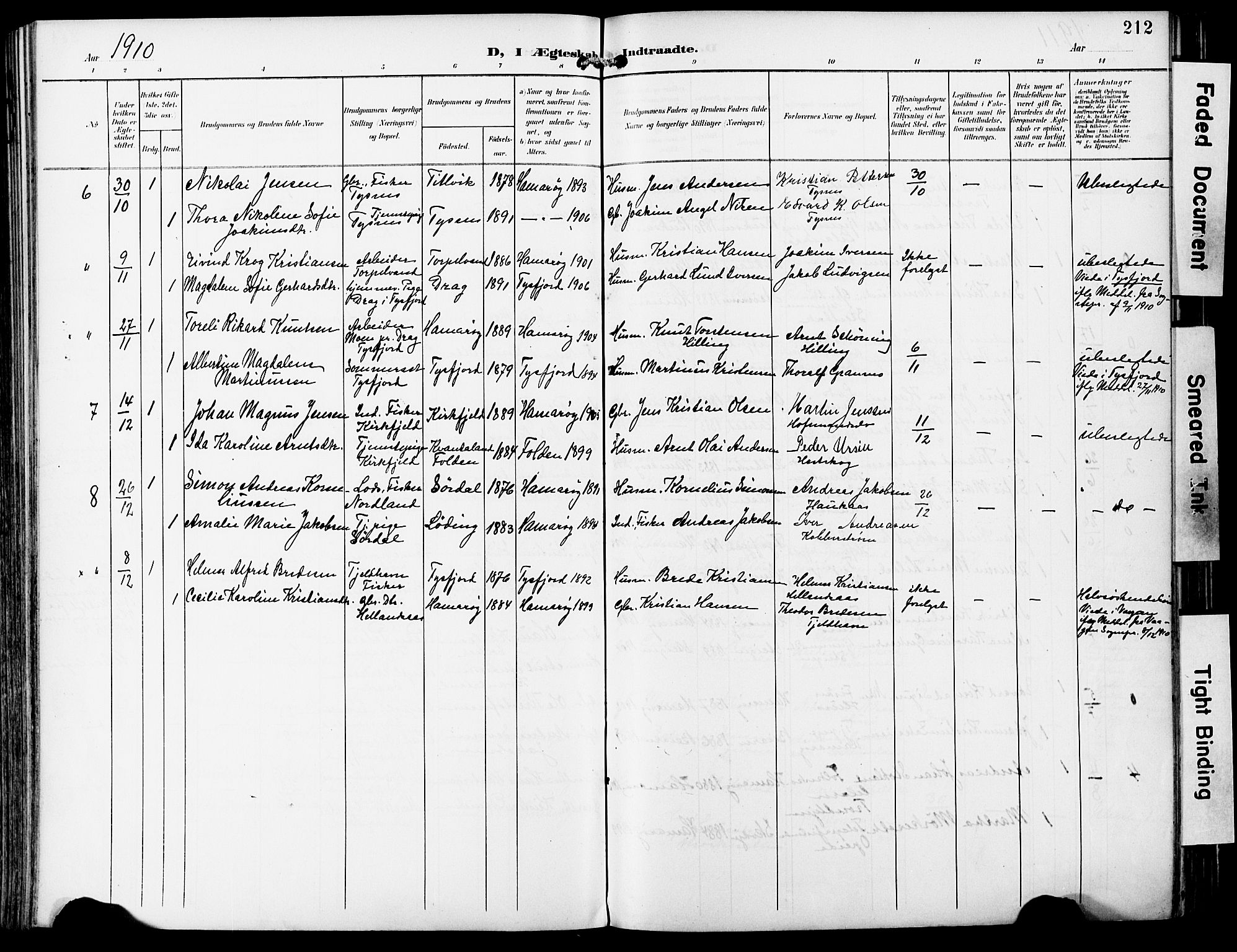 Ministerialprotokoller, klokkerbøker og fødselsregistre - Nordland, AV/SAT-A-1459/859/L0848: Parish register (official) no. 859A08, 1900-1912, p. 212