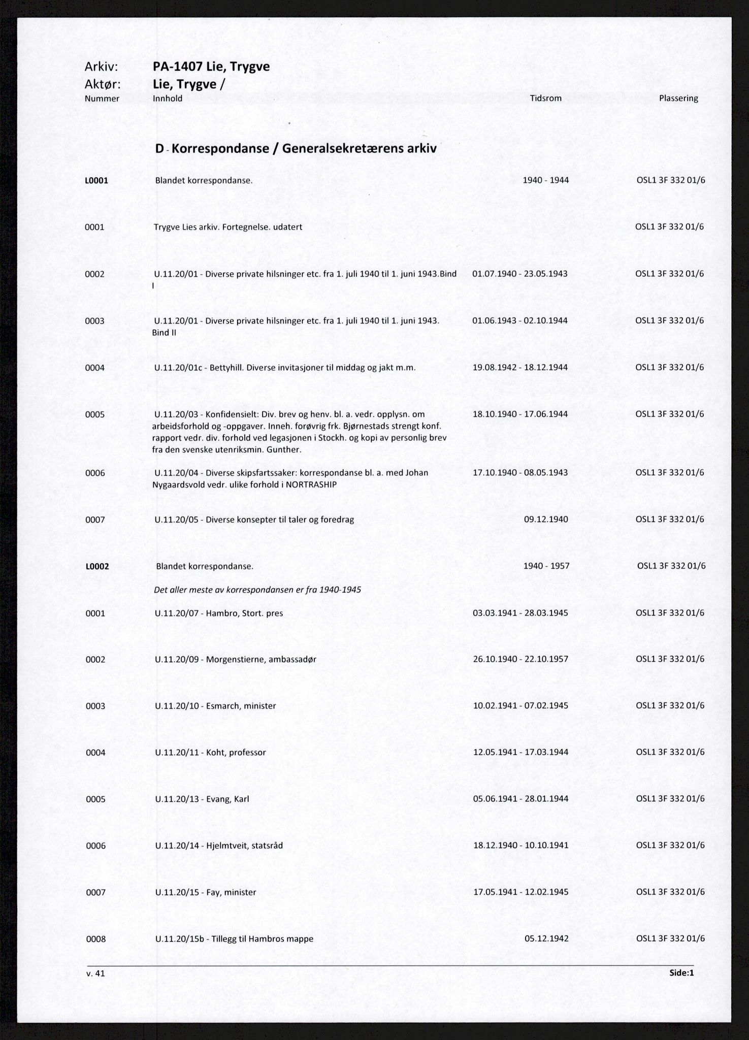 Lie, Trygve, RA/PA-1407/D/L0001: Blandet korrespondanse., 1940-1944, p. 1