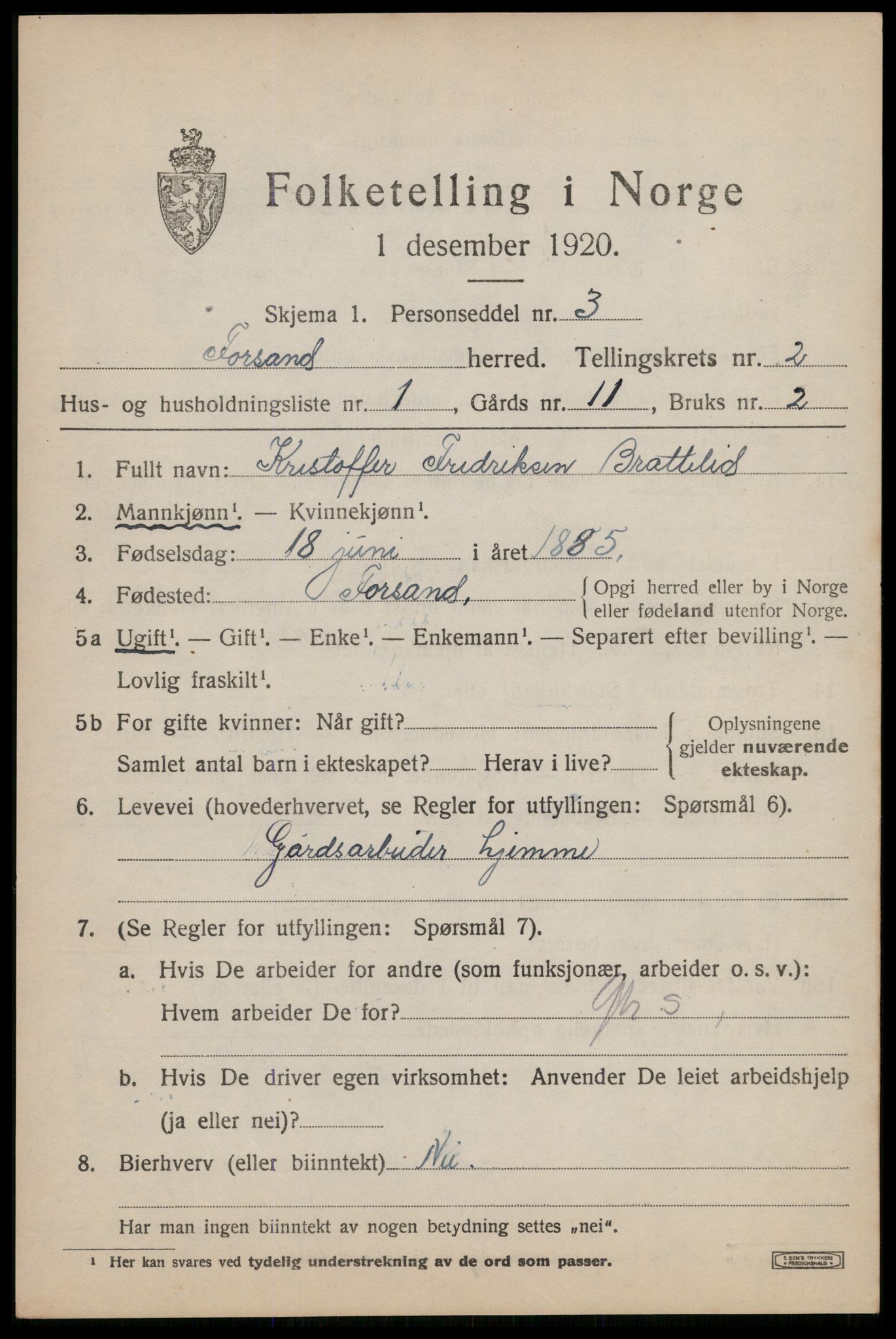 SAST, 1920 census for Forsand, 1920, p. 1221