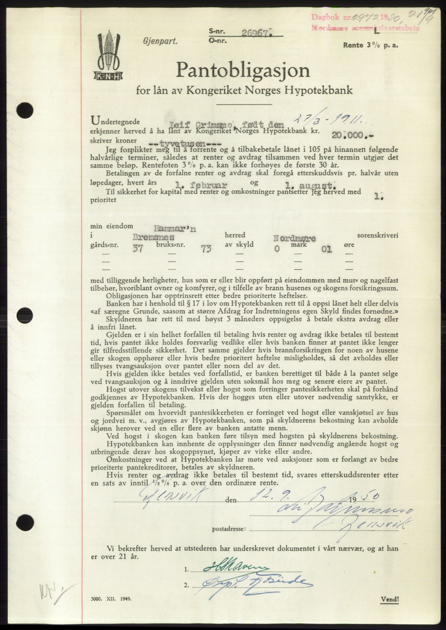 Nordmøre sorenskriveri, AV/SAT-A-4132/1/2/2Ca: Mortgage book no. B105, 1950-1950, Diary no: : 2972/1950