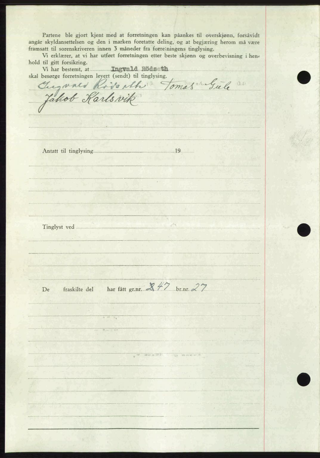 Romsdal sorenskriveri, AV/SAT-A-4149/1/2/2C: Mortgage book no. A23, 1947-1947, Diary no: : 1311/1947