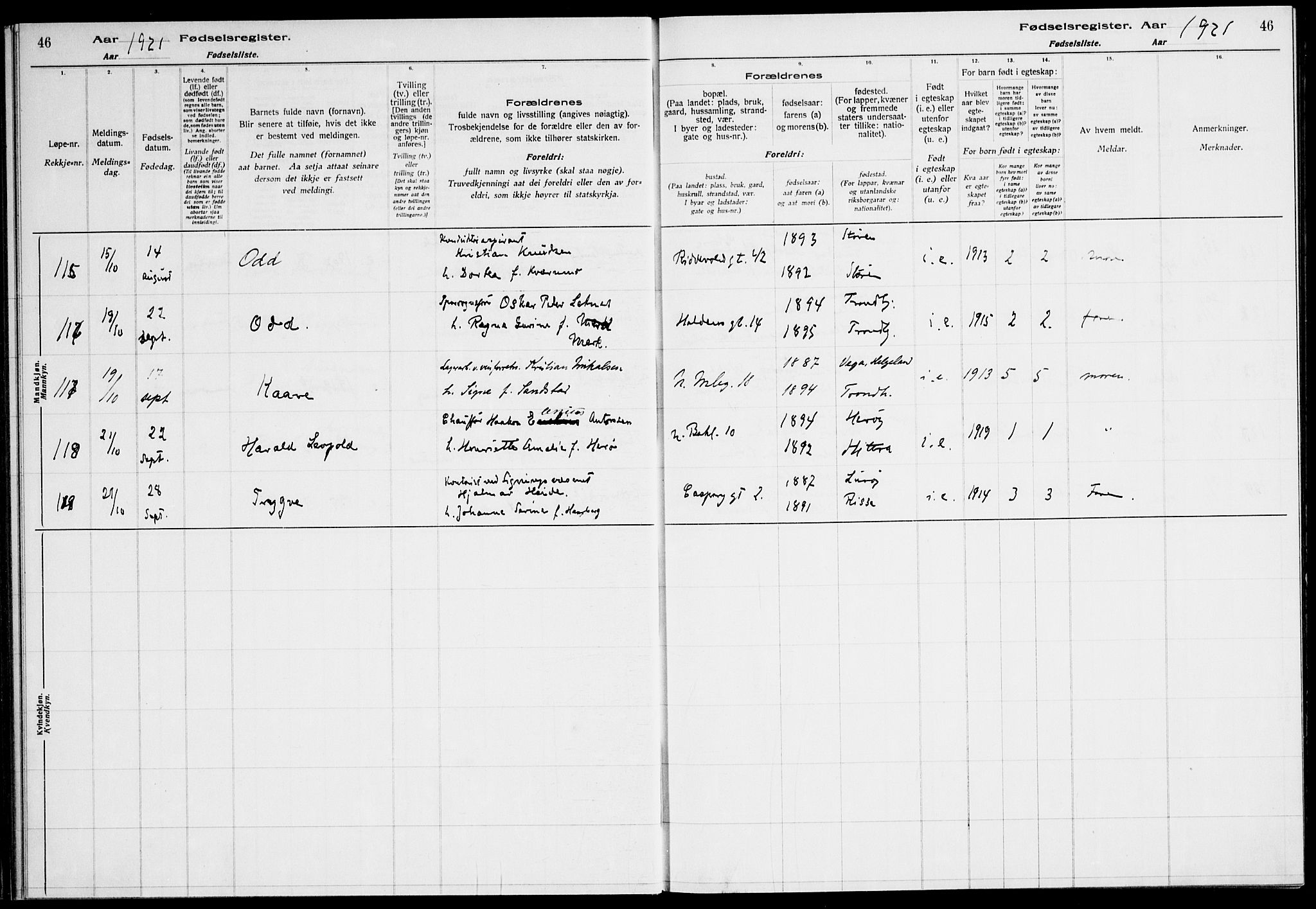 Ministerialprotokoller, klokkerbøker og fødselsregistre - Sør-Trøndelag, AV/SAT-A-1456/604/L0233: Birth register no. 604.II.4.2, 1920-1928, p. 46