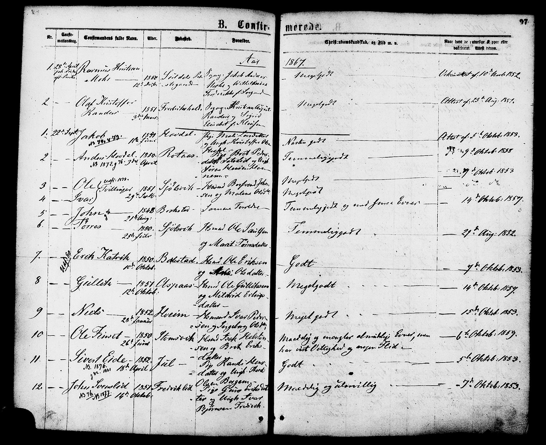 Ministerialprotokoller, klokkerbøker og fødselsregistre - Møre og Romsdal, AV/SAT-A-1454/586/L0986: Parish register (official) no. 586A12, 1867-1878, p. 97