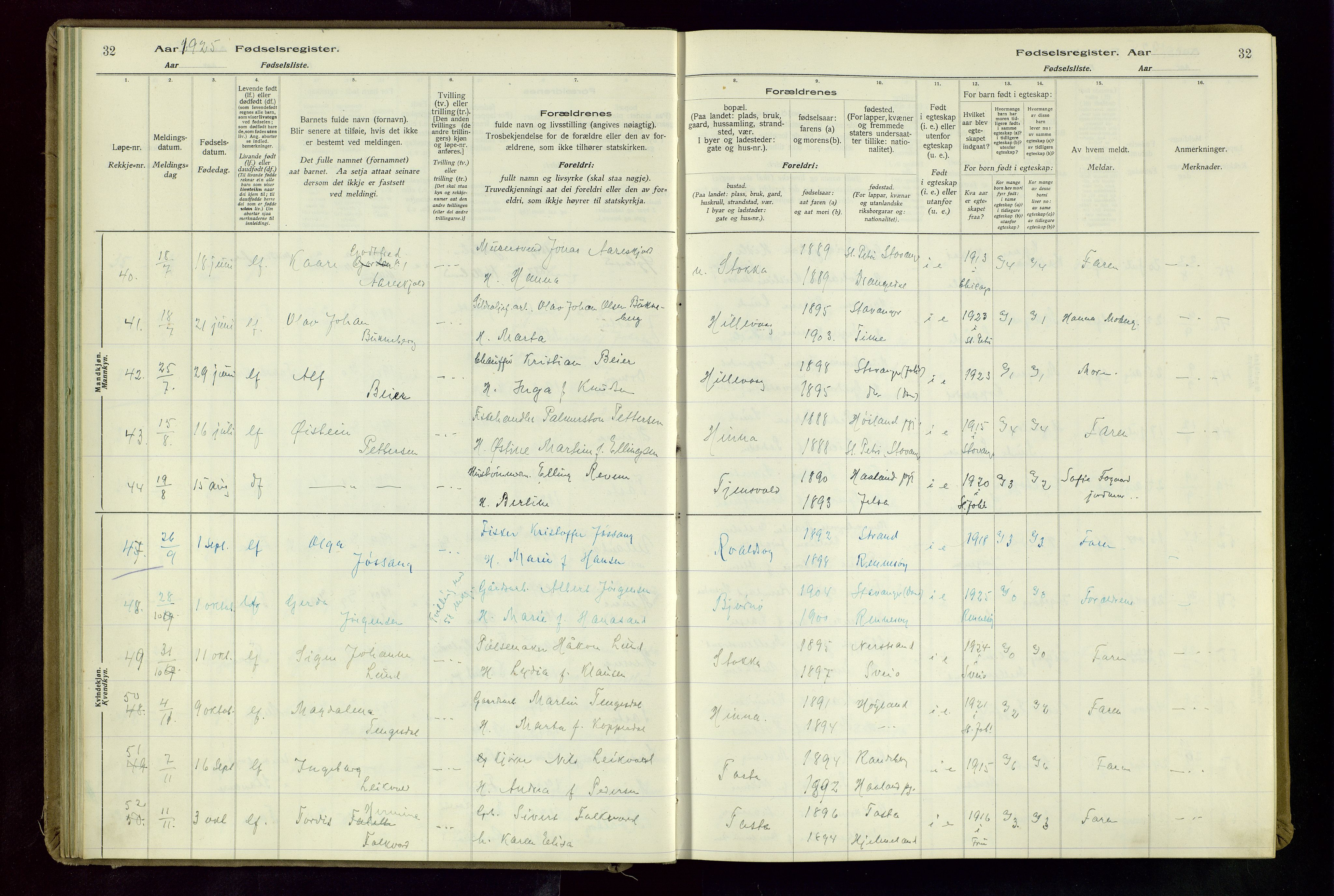 Hetland sokneprestkontor, AV/SAST-A-101826/70/704BA/L0004: Birth register no. 4, 1923-1937, p. 32