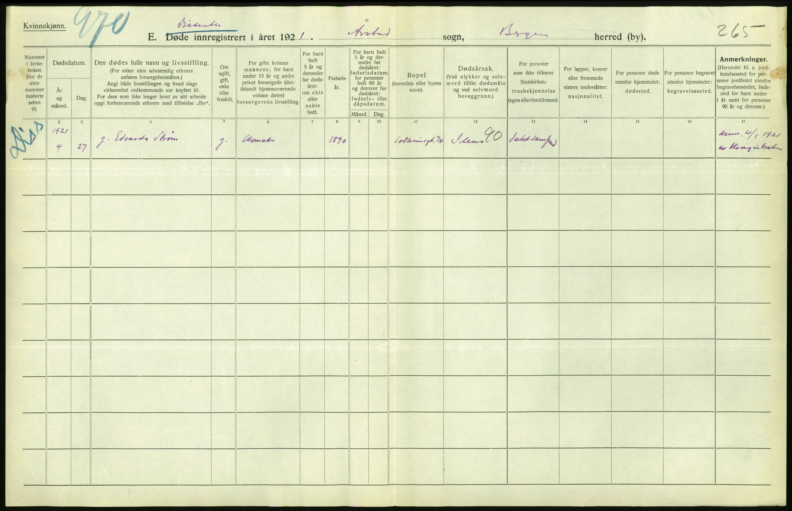 Statistisk sentralbyrå, Sosiodemografiske emner, Befolkning, AV/RA-S-2228/D/Df/Dfc/Dfca/L0036: Bergen: Døde., 1921, p. 346