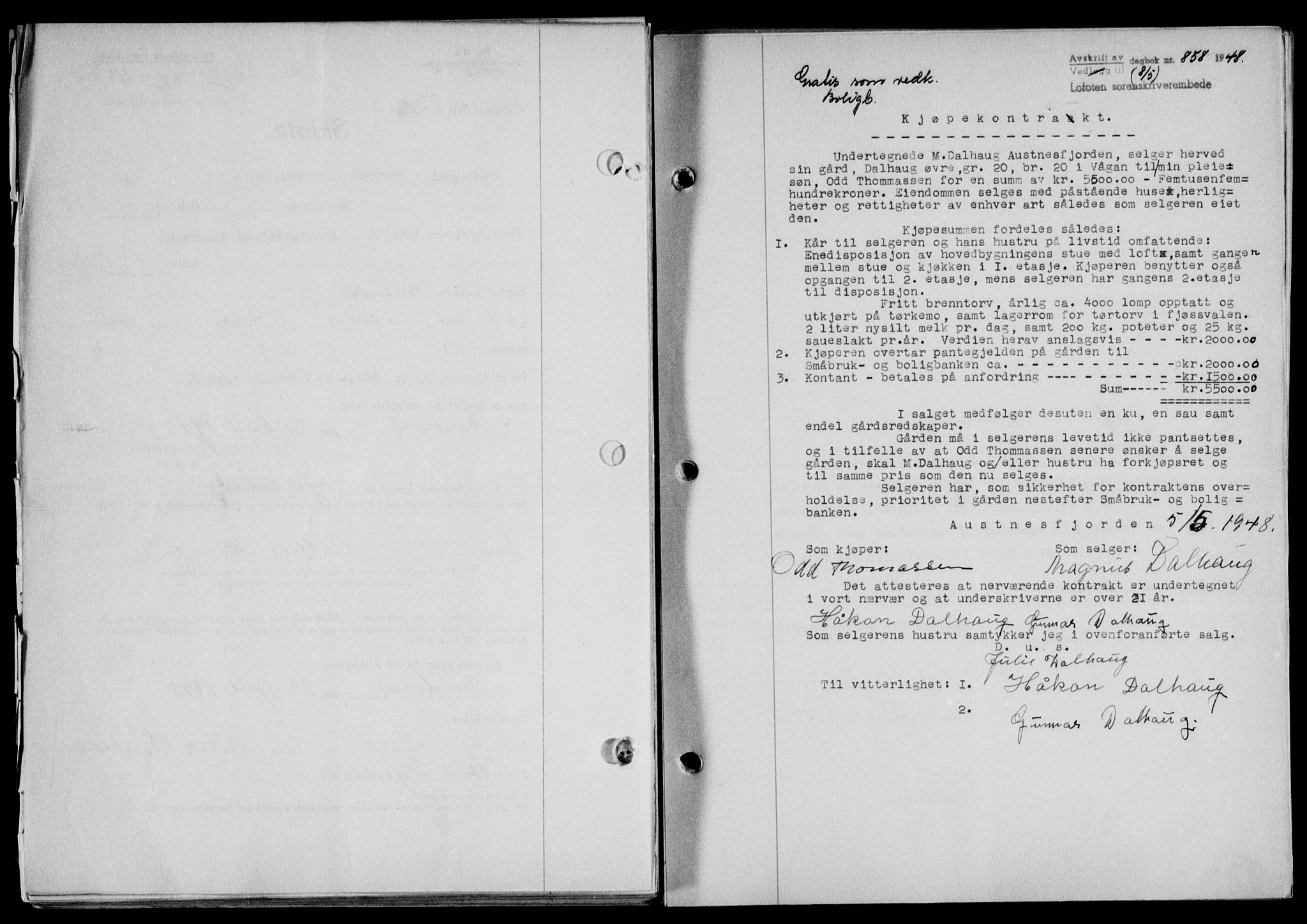 Lofoten sorenskriveri, SAT/A-0017/1/2/2C/L0018a: Mortgage book no. 18a, 1948-1948, Diary no: : 858/1948