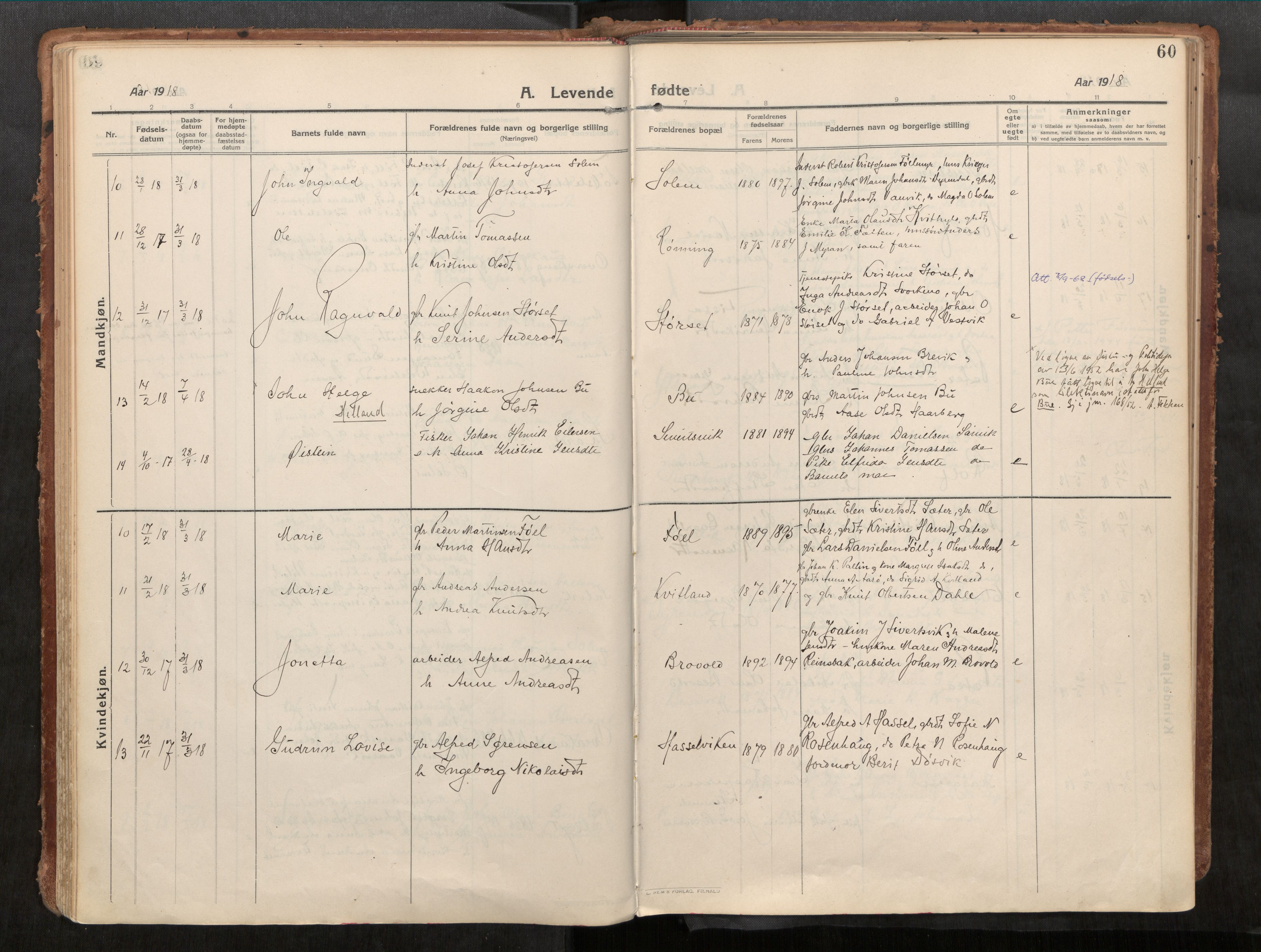 Stadsbygd sokneprestkontor, SAT/A-1117/1/I/I1/I1a/L0001: Parish register (official) no. 1, 1911-1929, p. 60