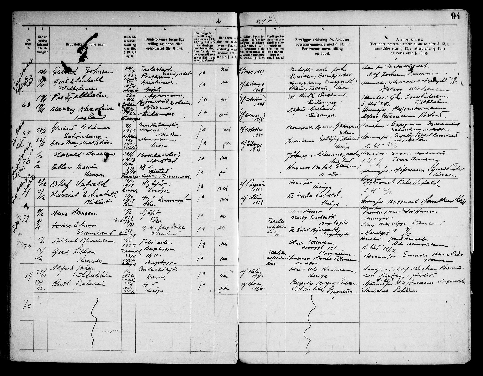 Eidanger kirkebøker, AV/SAKO-A-261/H/Ha/L0003: Banns register no. 3, 1919-1948, p. 94