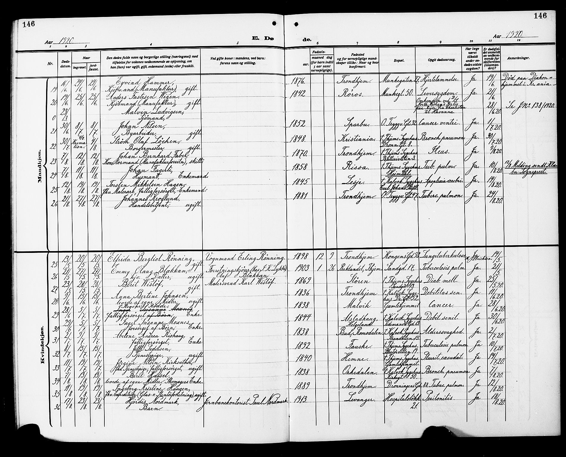 Ministerialprotokoller, klokkerbøker og fødselsregistre - Sør-Trøndelag, AV/SAT-A-1456/602/L0147: Parish register (copy) no. 602C15, 1911-1924, p. 146