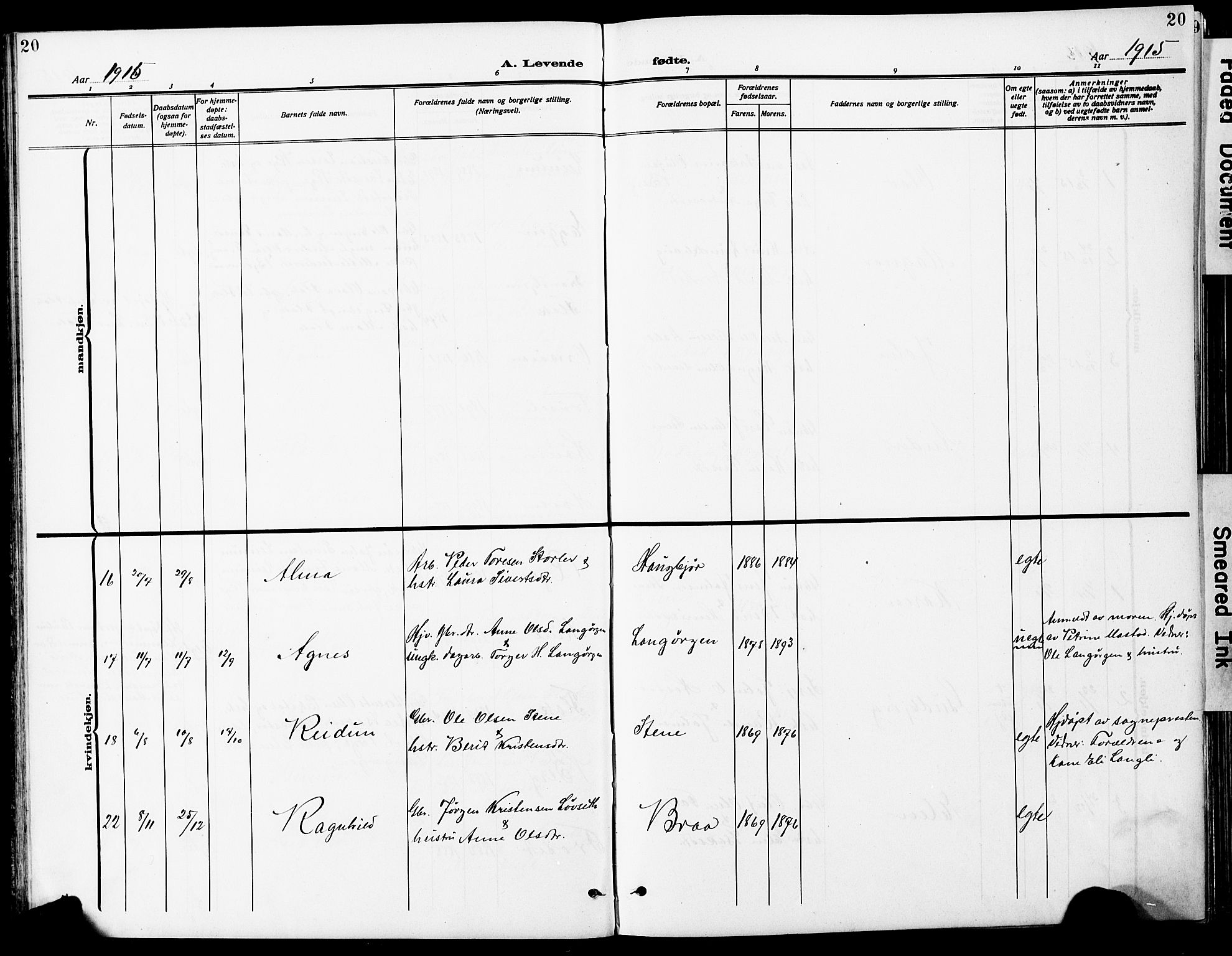 Ministerialprotokoller, klokkerbøker og fødselsregistre - Sør-Trøndelag, AV/SAT-A-1456/612/L0388: Parish register (copy) no. 612C04, 1909-1929, p. 20