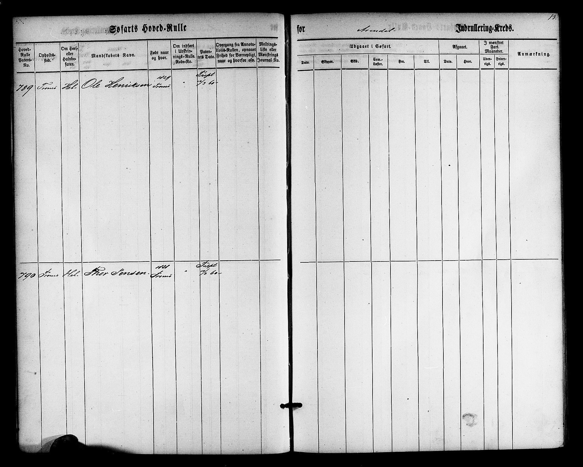 Arendal mønstringskrets, SAK/2031-0012/F/Fb/L0009: Hovedrulle nr 767-1532, S-7, 1857-1864, p. 13