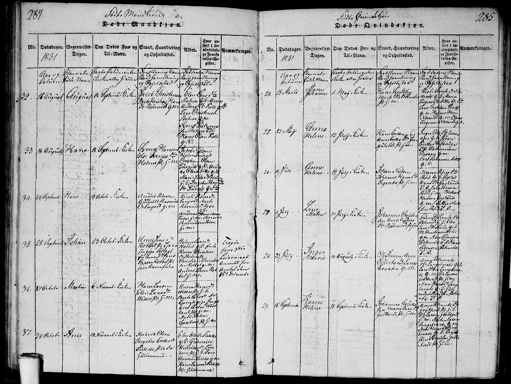 Våler prestekontor Kirkebøker, AV/SAO-A-11083/G/Ga/L0001: Parish register (copy) no. I 1, 1815-1839, p. 284-285