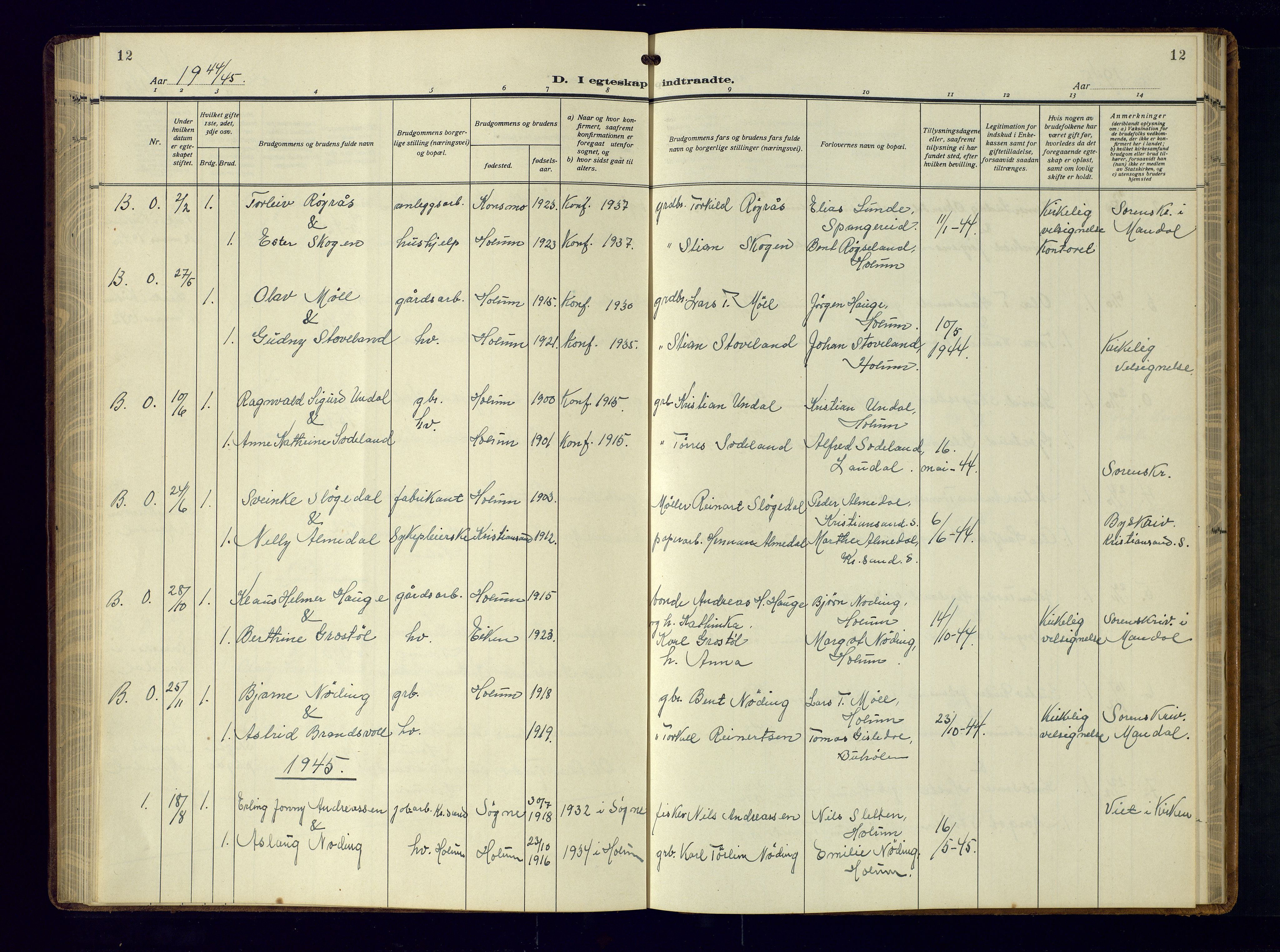 Holum sokneprestkontor, AV/SAK-1111-0022/F/Fb/Fba/L0007: Parish register (copy) no. B-7, 1933-1960, p. 12