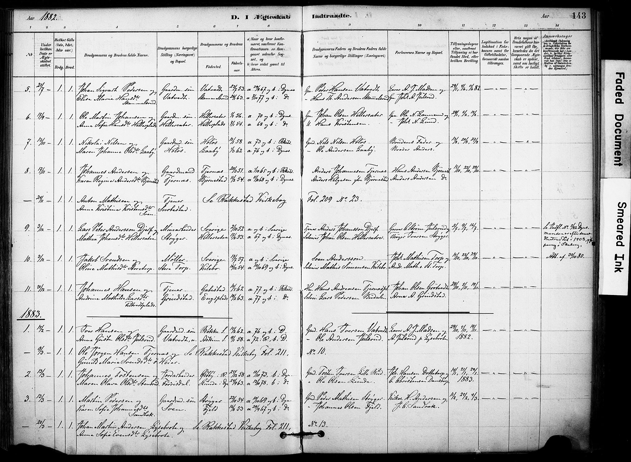 Rakkestad prestekontor Kirkebøker, AV/SAO-A-2008/F/Fb/L0001: Parish register (official) no. II 1, 1878-1899, p. 143