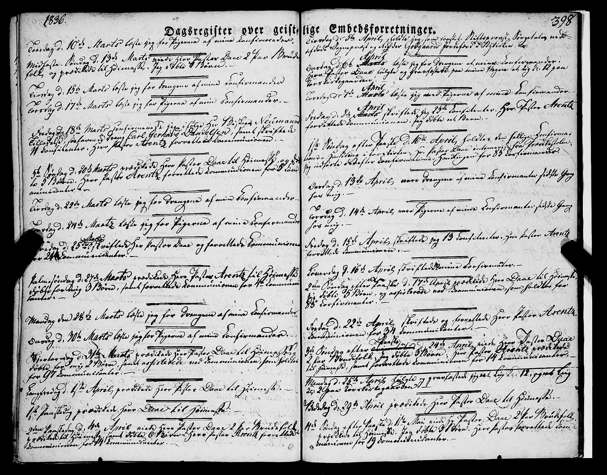 Korskirken sokneprestembete, SAB/A-76101/H/Haa/L0050: Parish register (official) no. F 1, 1821-1869, p. 398