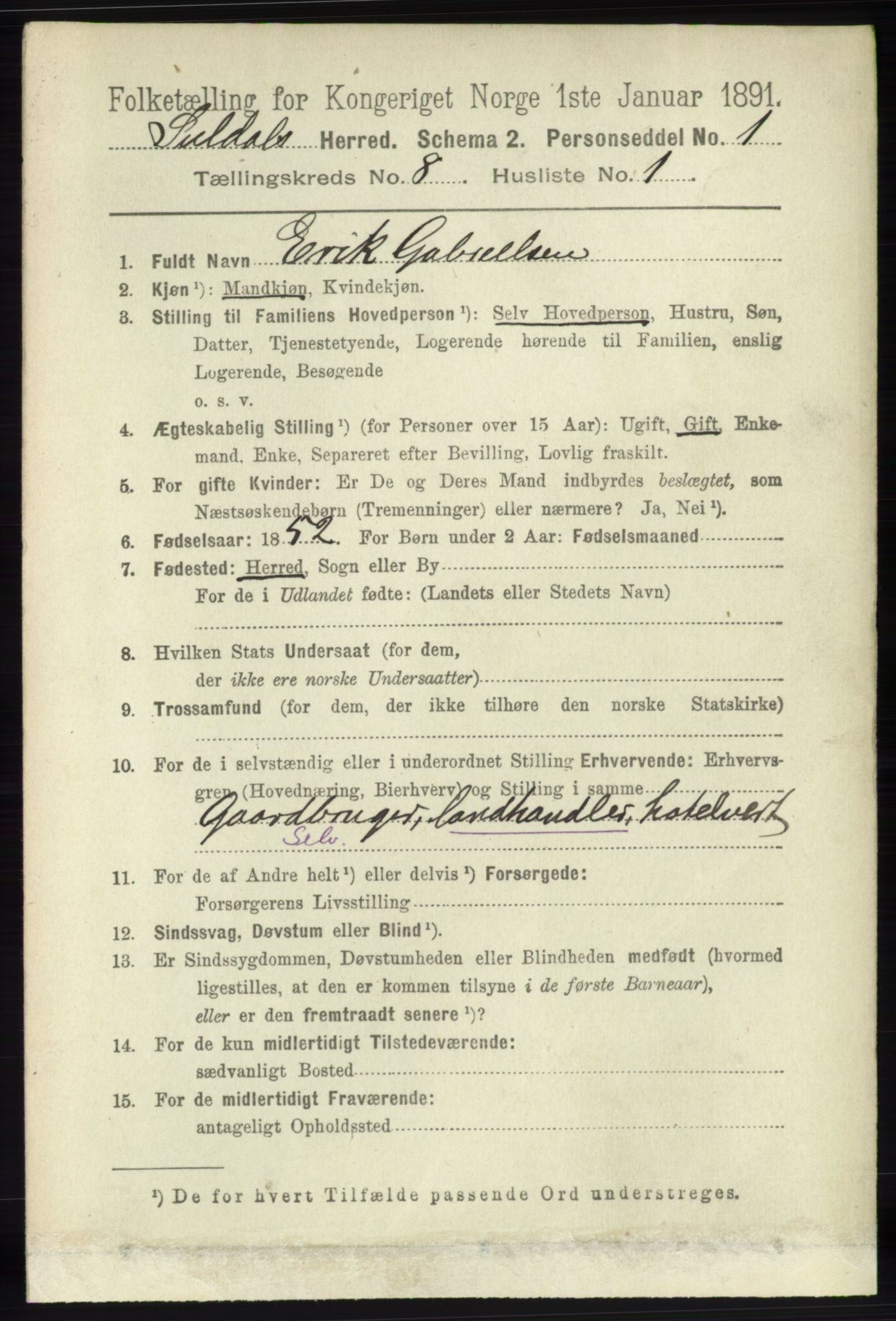 RA, 1891 census for 1134 Suldal, 1891, p. 2296