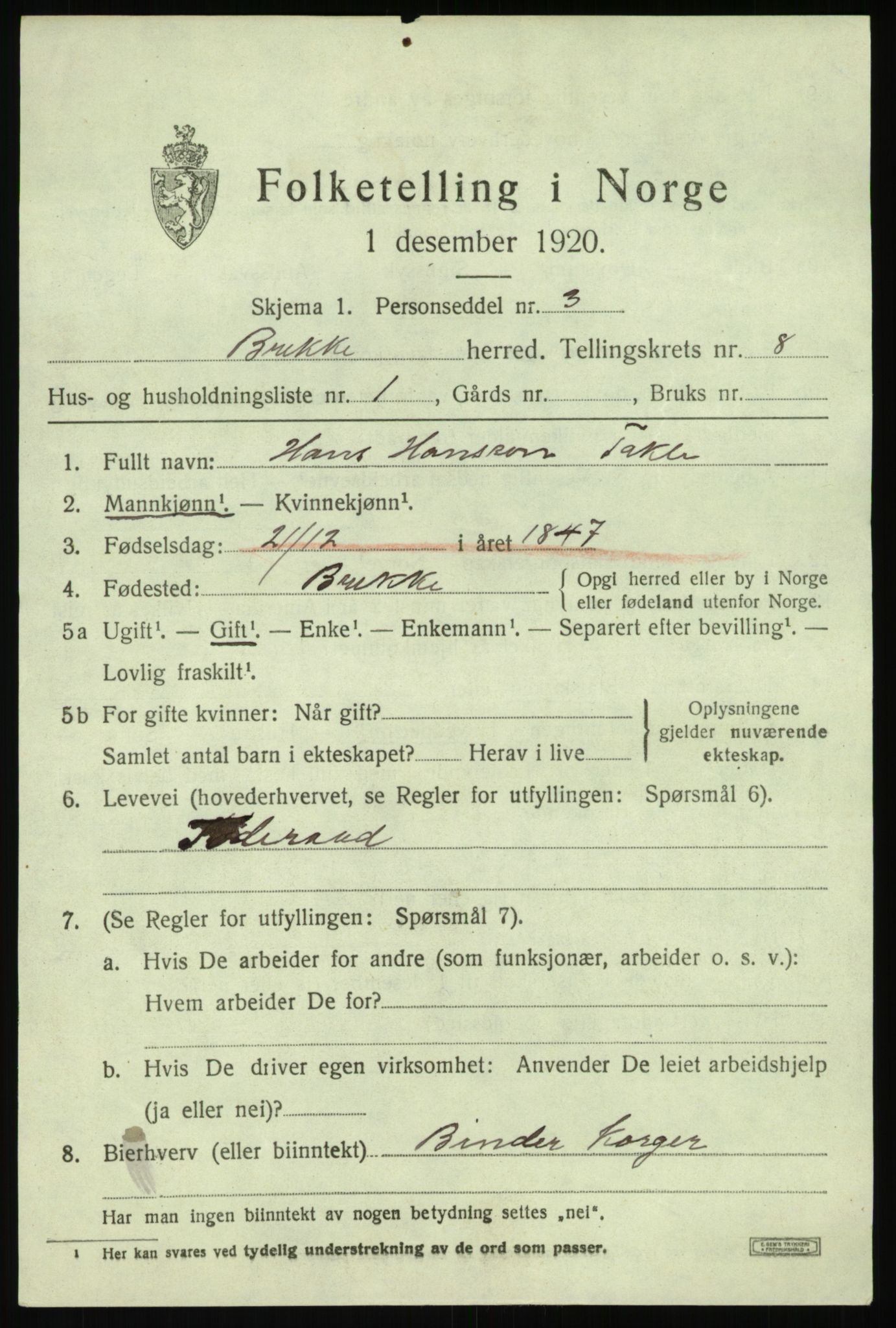 SAB, 1920 census for Brekke, 1920, p. 1728