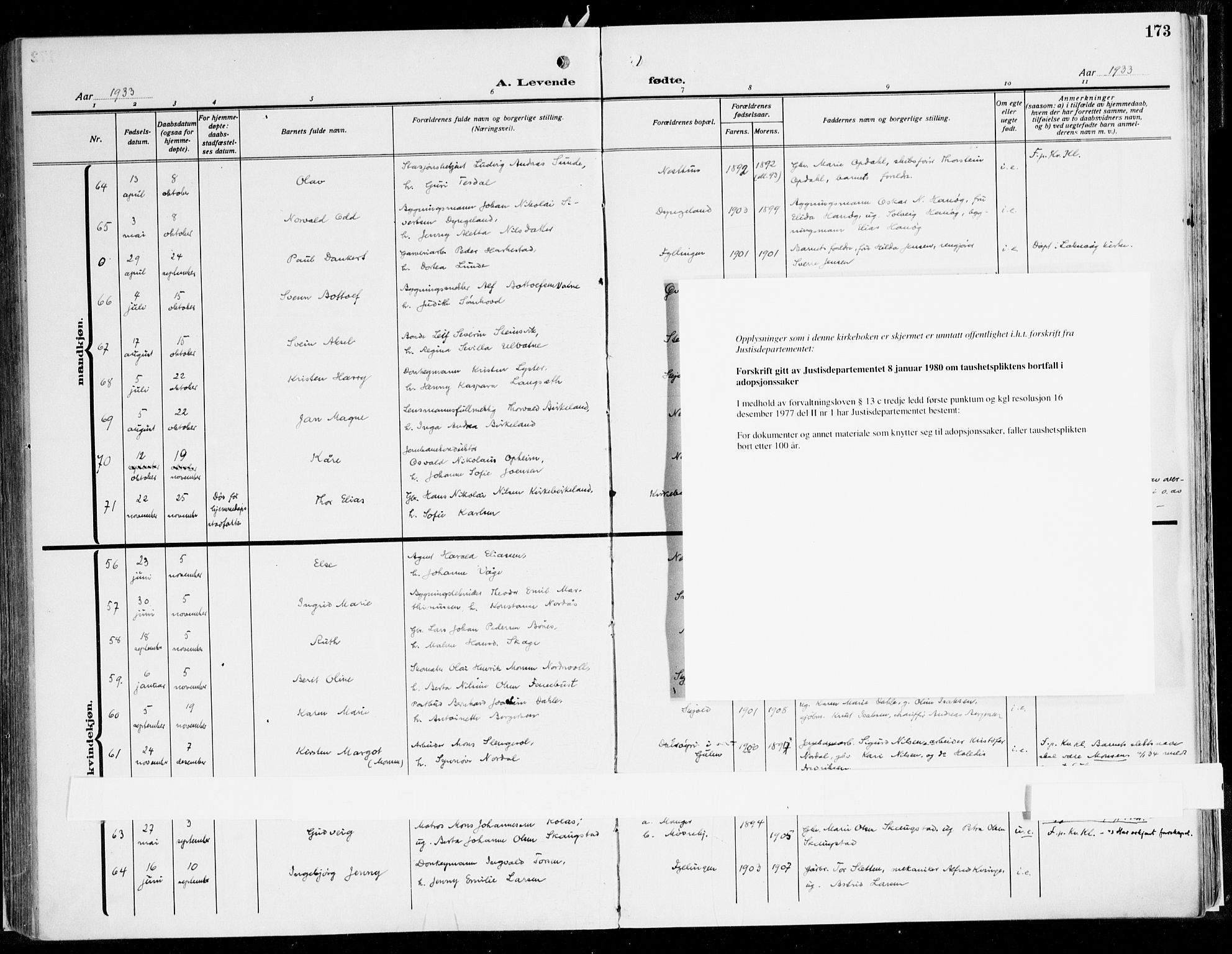 Fana Sokneprestembete, AV/SAB-A-75101/H/Haa/Haaj/L0001: Parish register (official) no. J 1, 1921-1935, p. 173