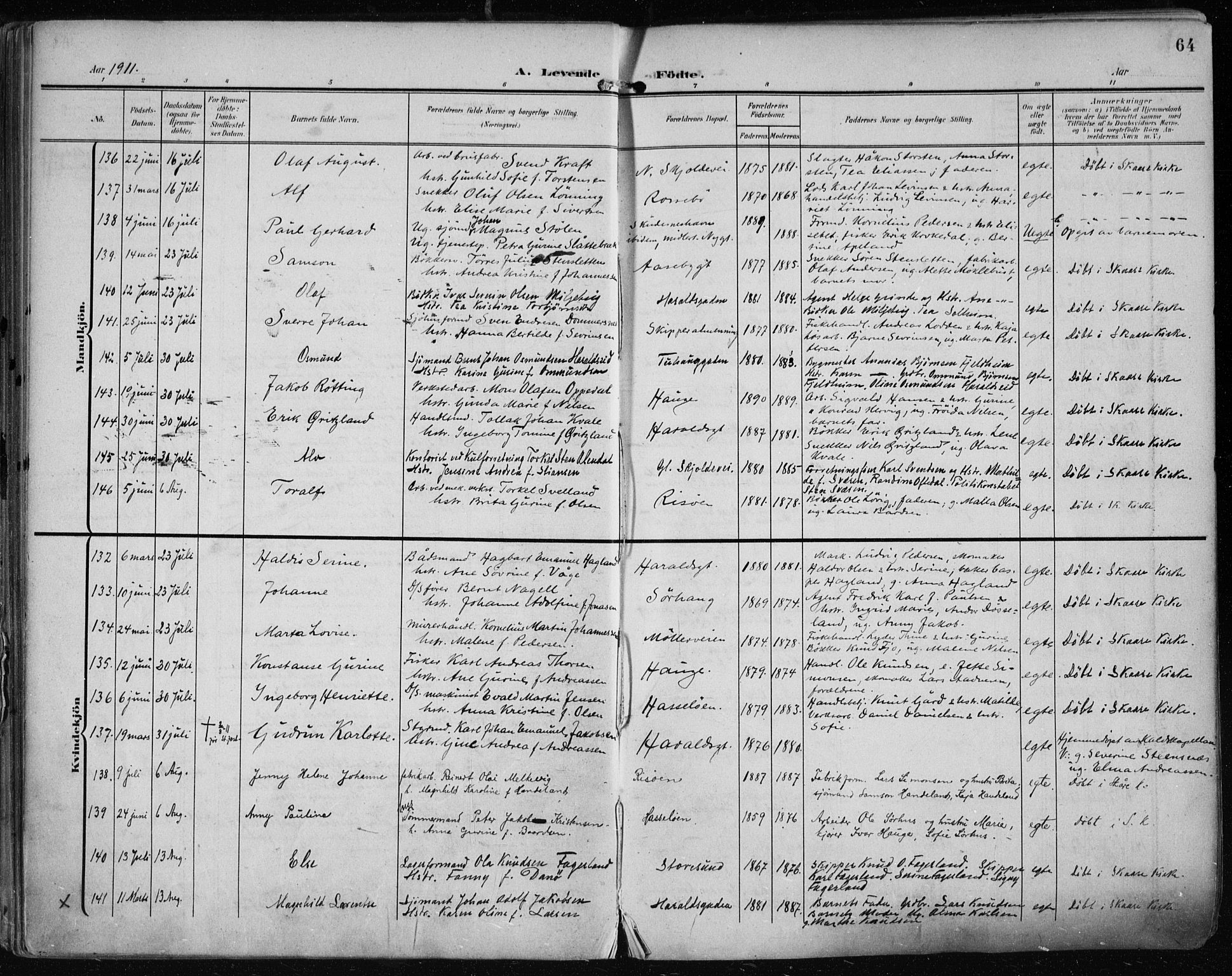 Haugesund sokneprestkontor, AV/SAST-A -101863/H/Ha/Haa/L0008: Parish register (official) no. A 8, 1908-1921, p. 64