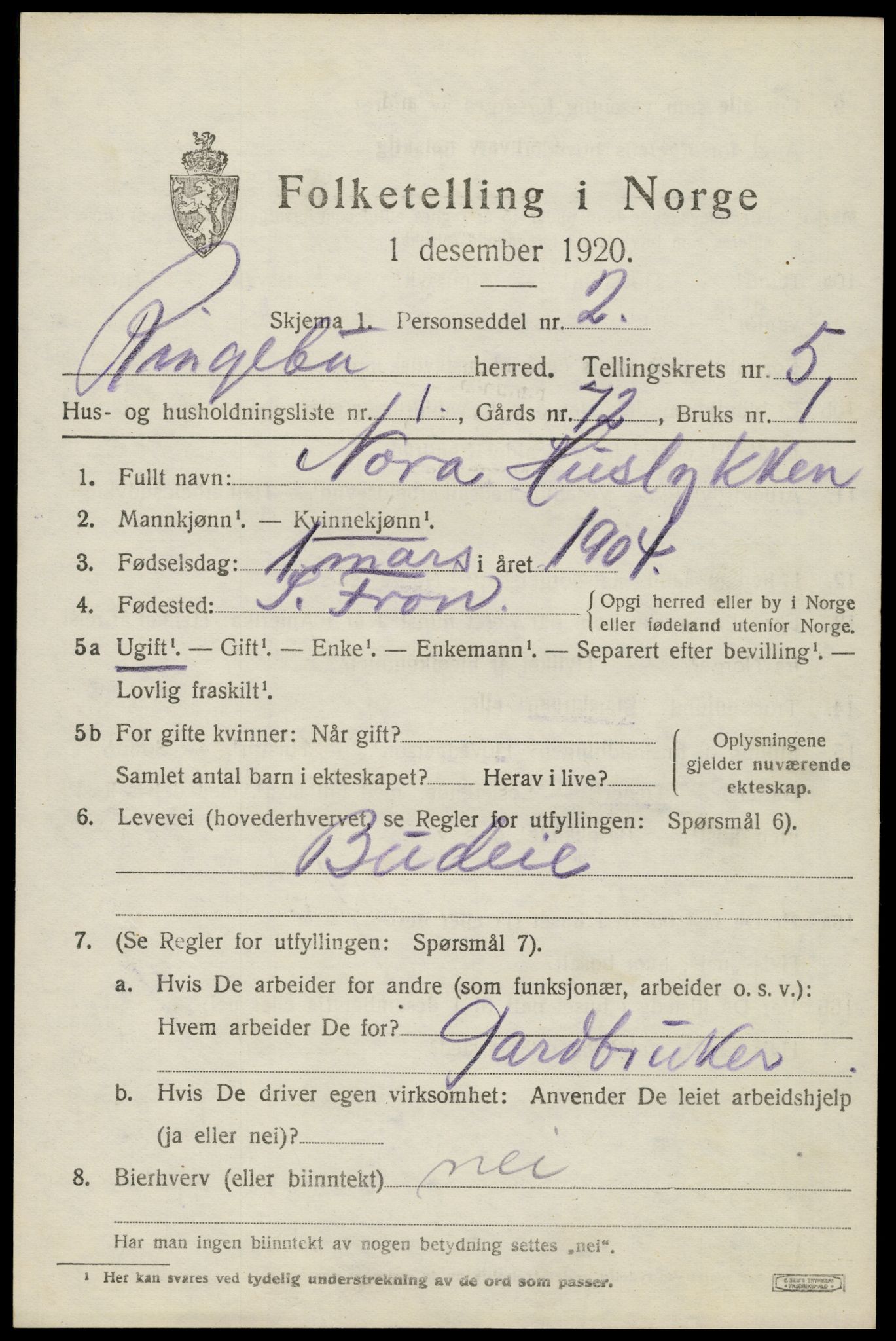 SAH, 1920 census for Ringebu, 1920, p. 5961