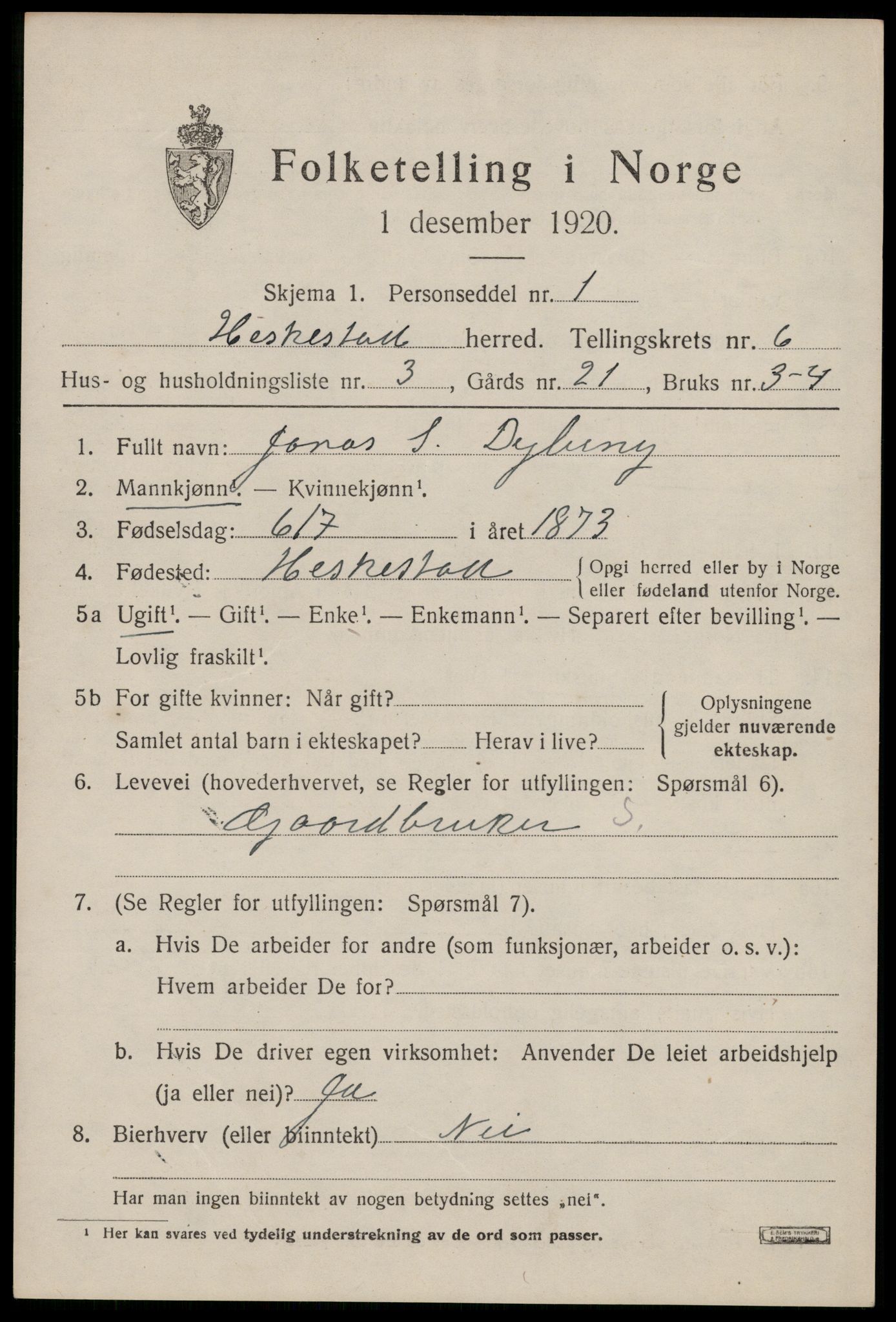 SAST, 1920 census for Heskestad, 1920, p. 2021