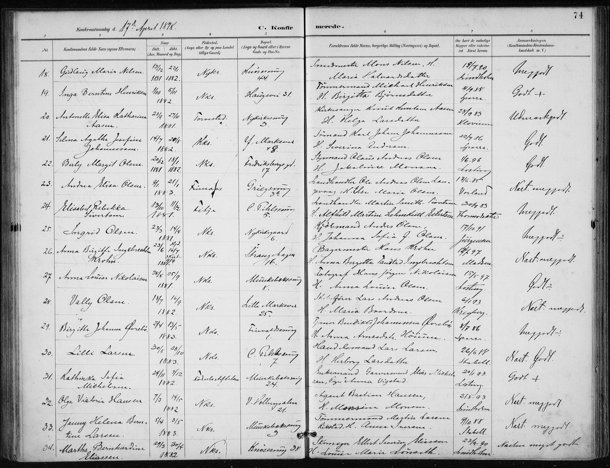 Nykirken Sokneprestembete, AV/SAB-A-77101/H/Haa/L0028: Parish register (official) no. C 7, 1887-1913, p. 74