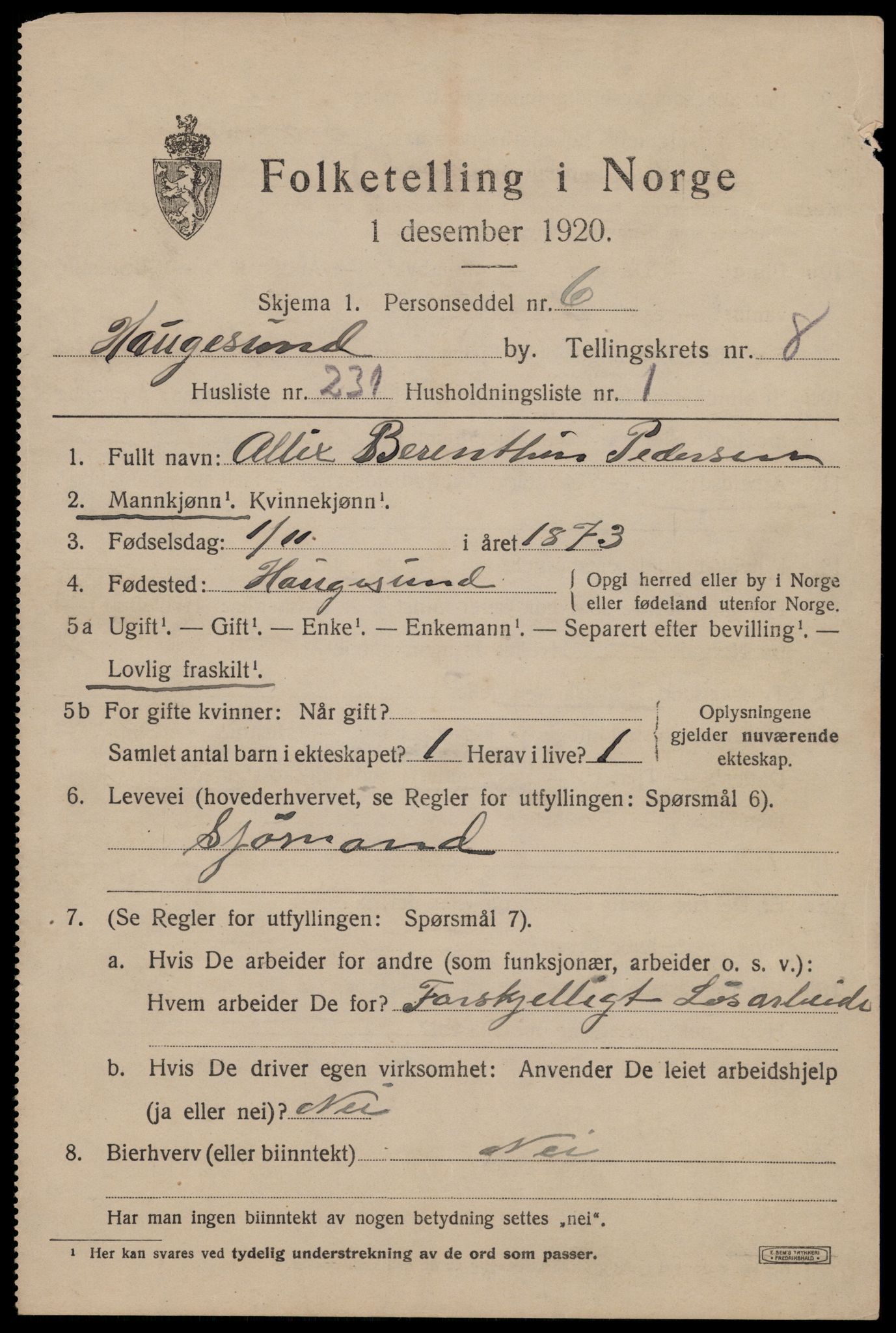 SAST, 1920 census for Haugesund, 1920, p. 32173