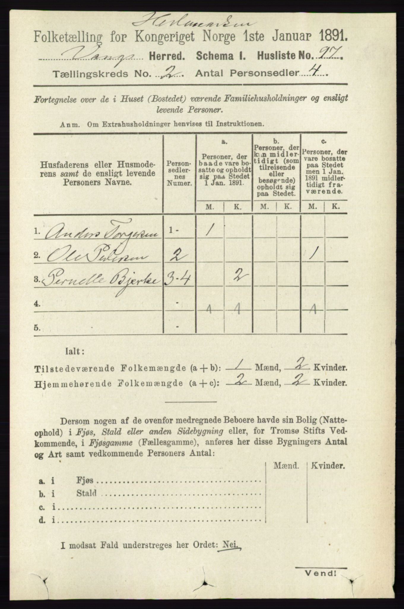 RA, 1891 census for 0414 Vang, 1891, p. 1029