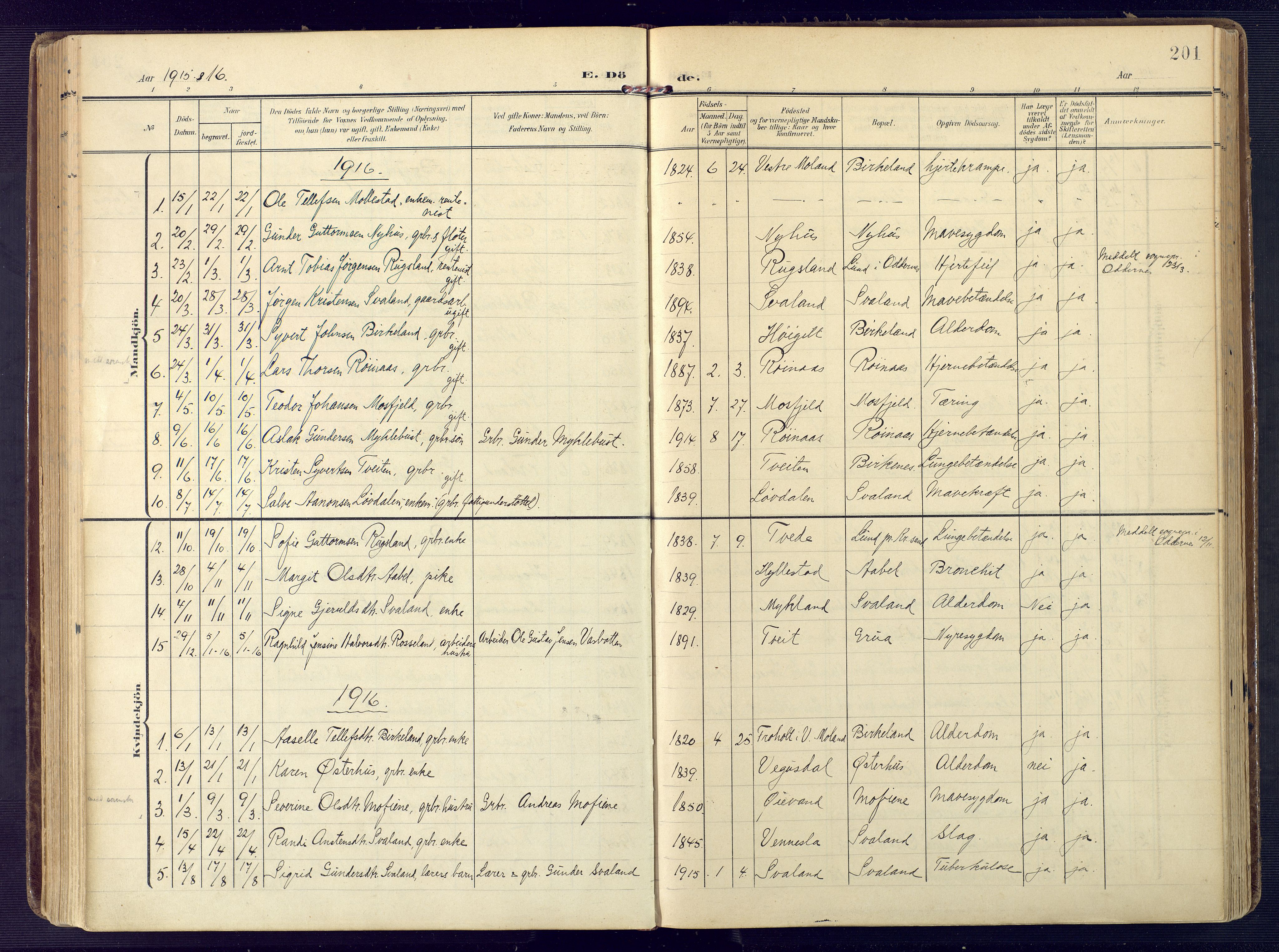 Birkenes sokneprestkontor, SAK/1111-0004/F/Fa/L0006: Parish register (official) no. A 6, 1908-1932, p. 201