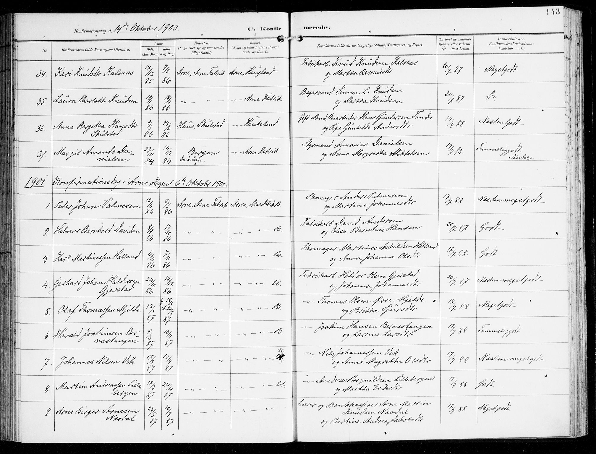 Haus sokneprestembete, AV/SAB-A-75601/H/Haa: Parish register (official) no. D 2, 1899-1912, p. 143