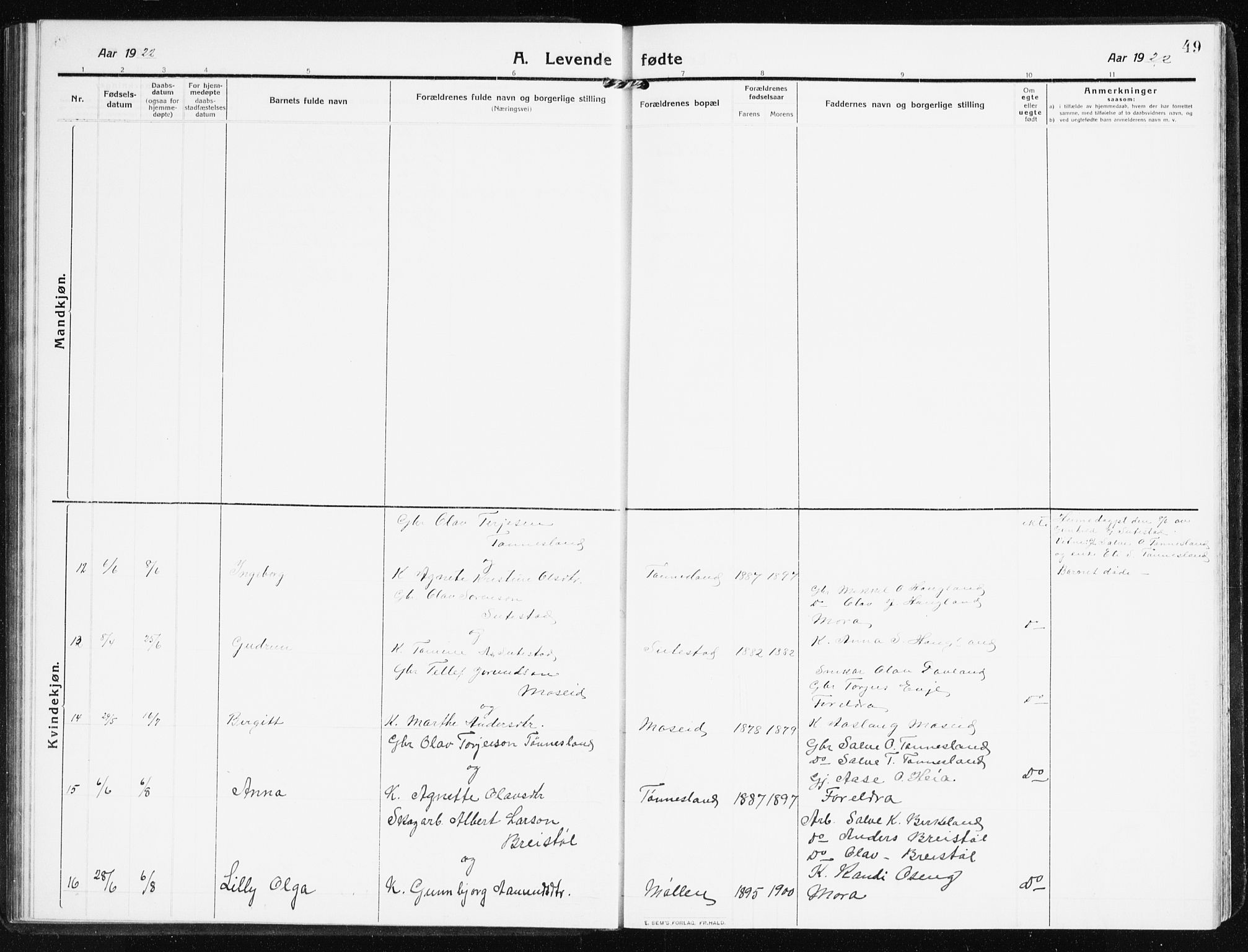 Evje sokneprestkontor, AV/SAK-1111-0008/F/Fb/Fbb/L0003: Parish register (copy) no. B 3, 1910-1933, p. 49