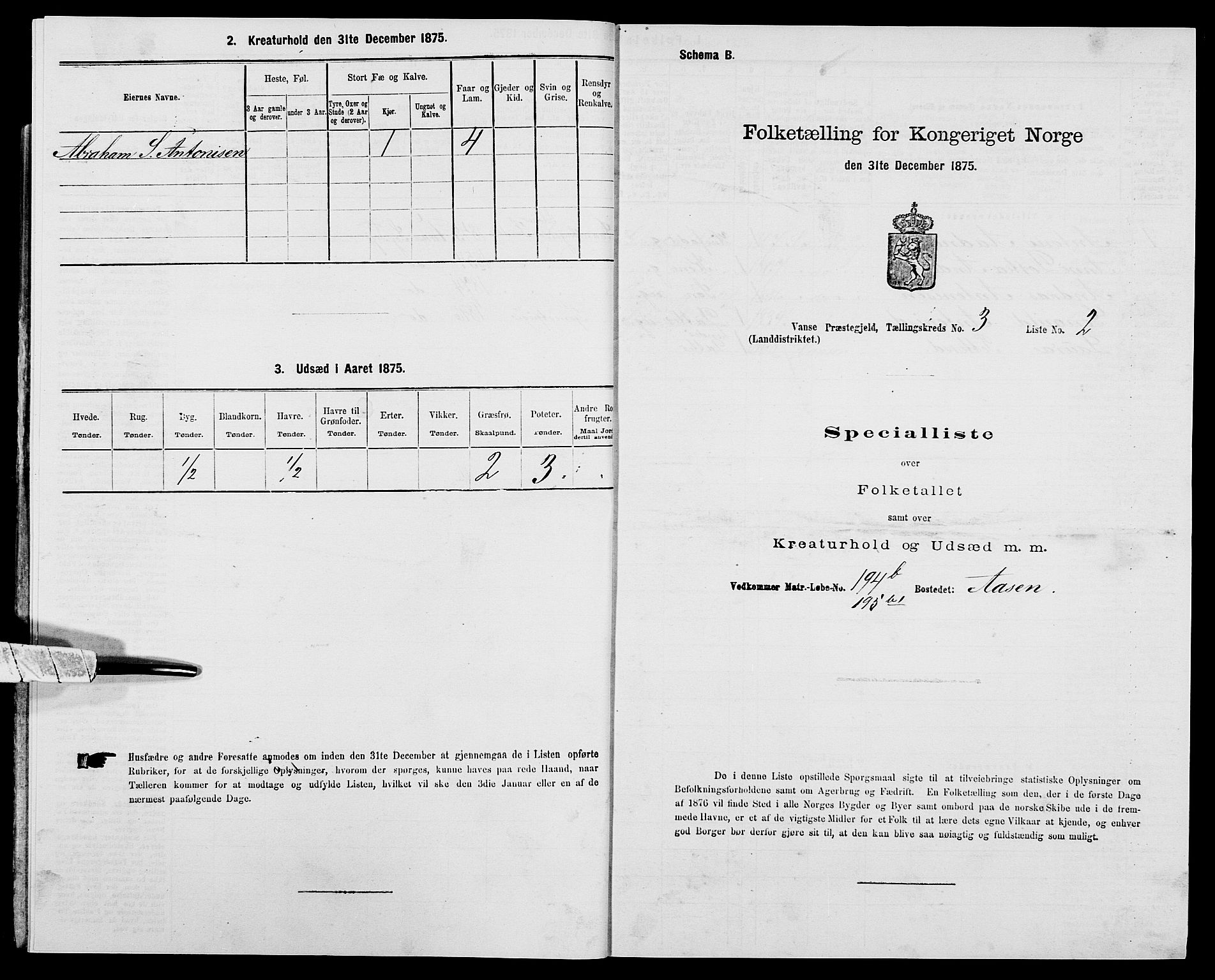 SAK, 1875 census for 1041L Vanse/Vanse og Farsund, 1875, p. 492