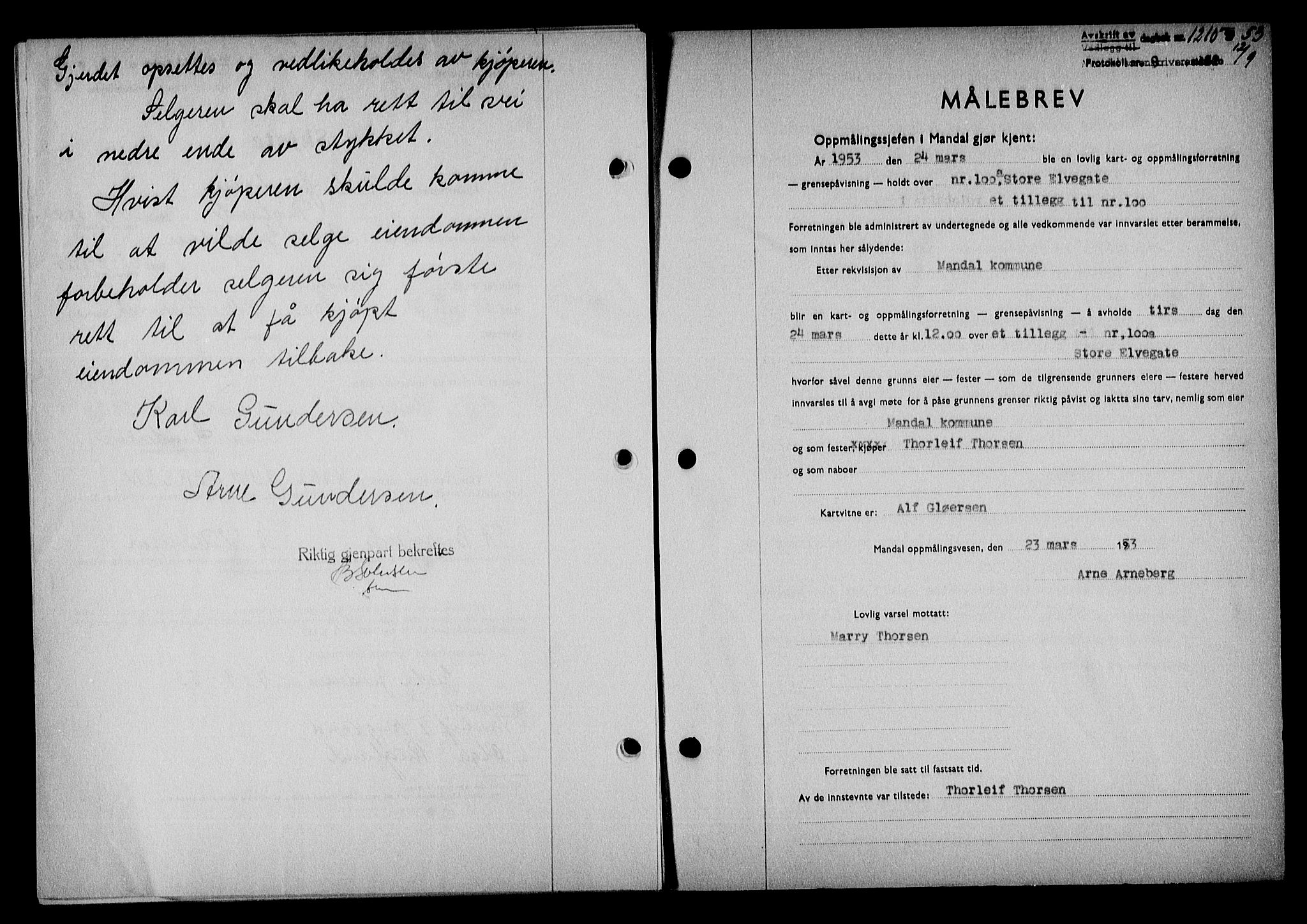 Mandal sorenskriveri, SAK/1221-0005/001/G/Gb/Gba/L0087: Mortgage book no. A-24, 1953-1953, Diary no: : 1210/1953