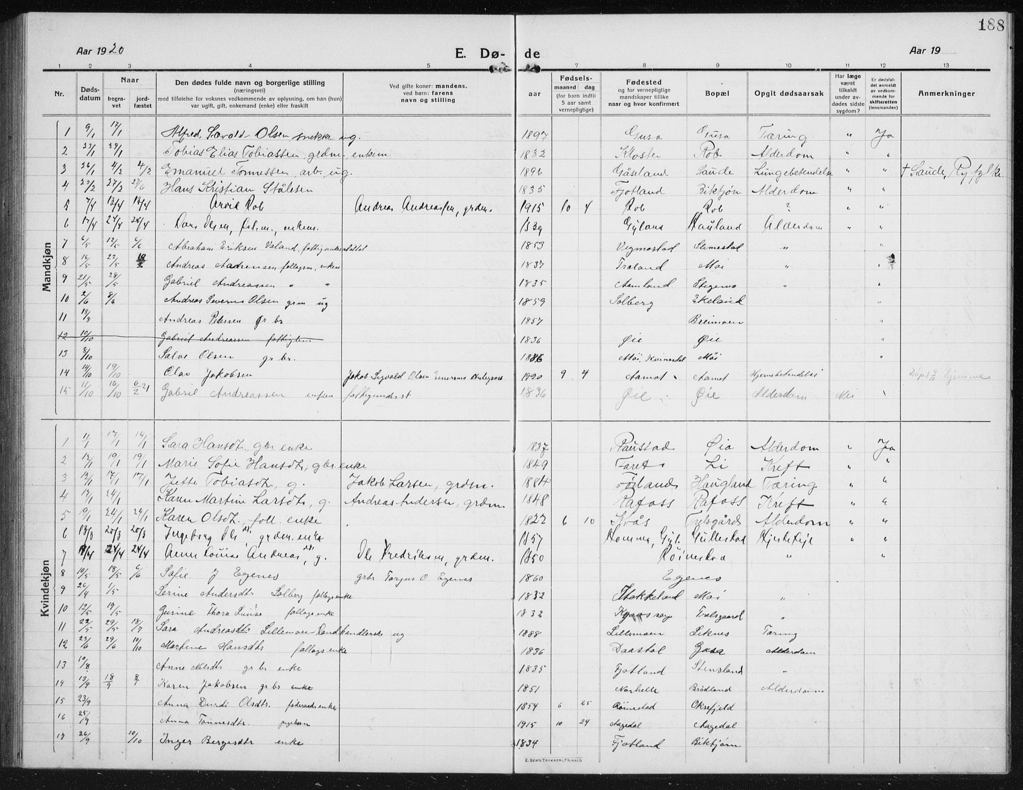 Kvinesdal sokneprestkontor, SAK/1111-0026/F/Fb/Fbb/L0004: Parish register (copy) no. B 4, 1917-1938, p. 188