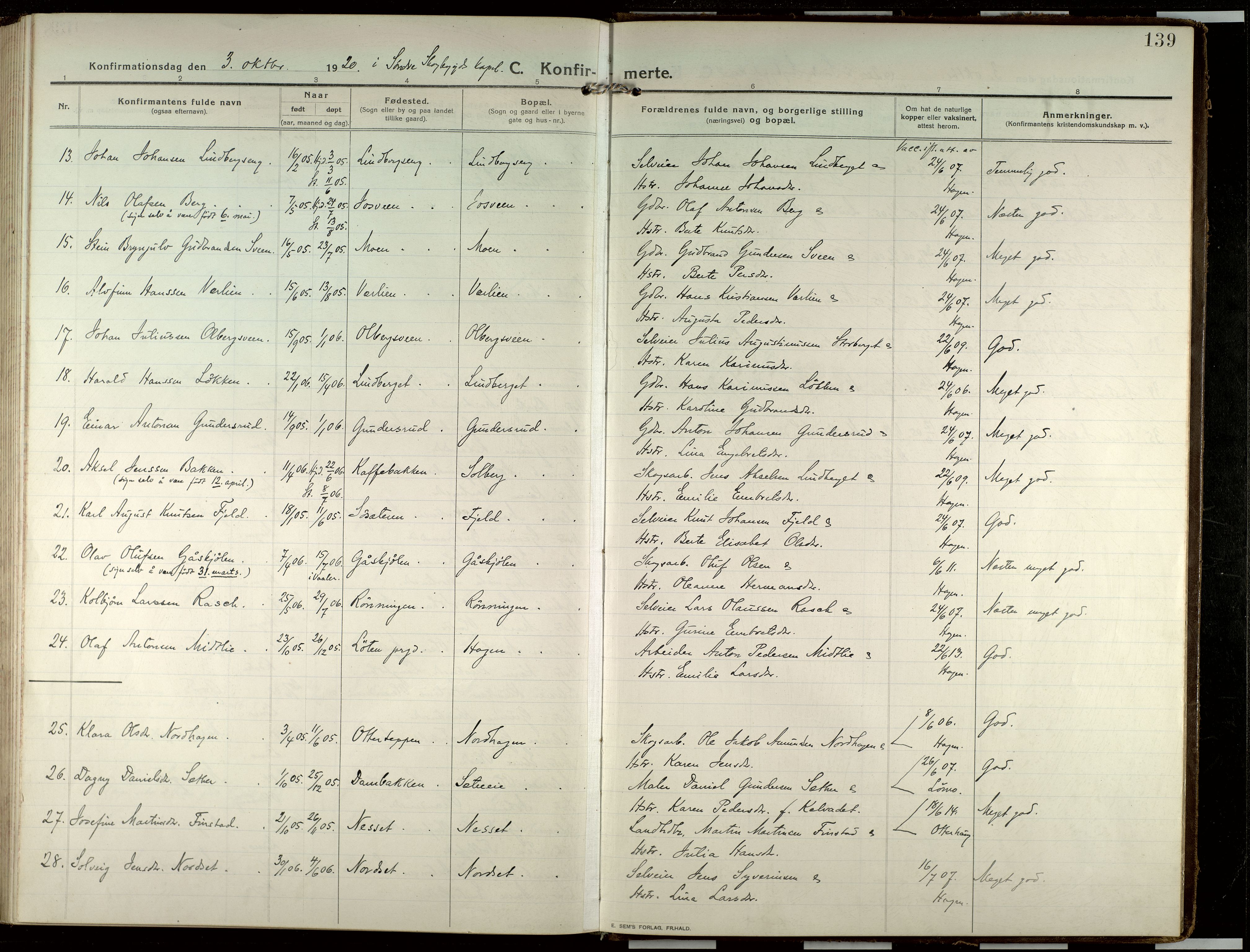 Elverum prestekontor, AV/SAH-PREST-044/H/Ha/Haa/L0022: Parish register (official) no. 22, 1913-1924, p. 139