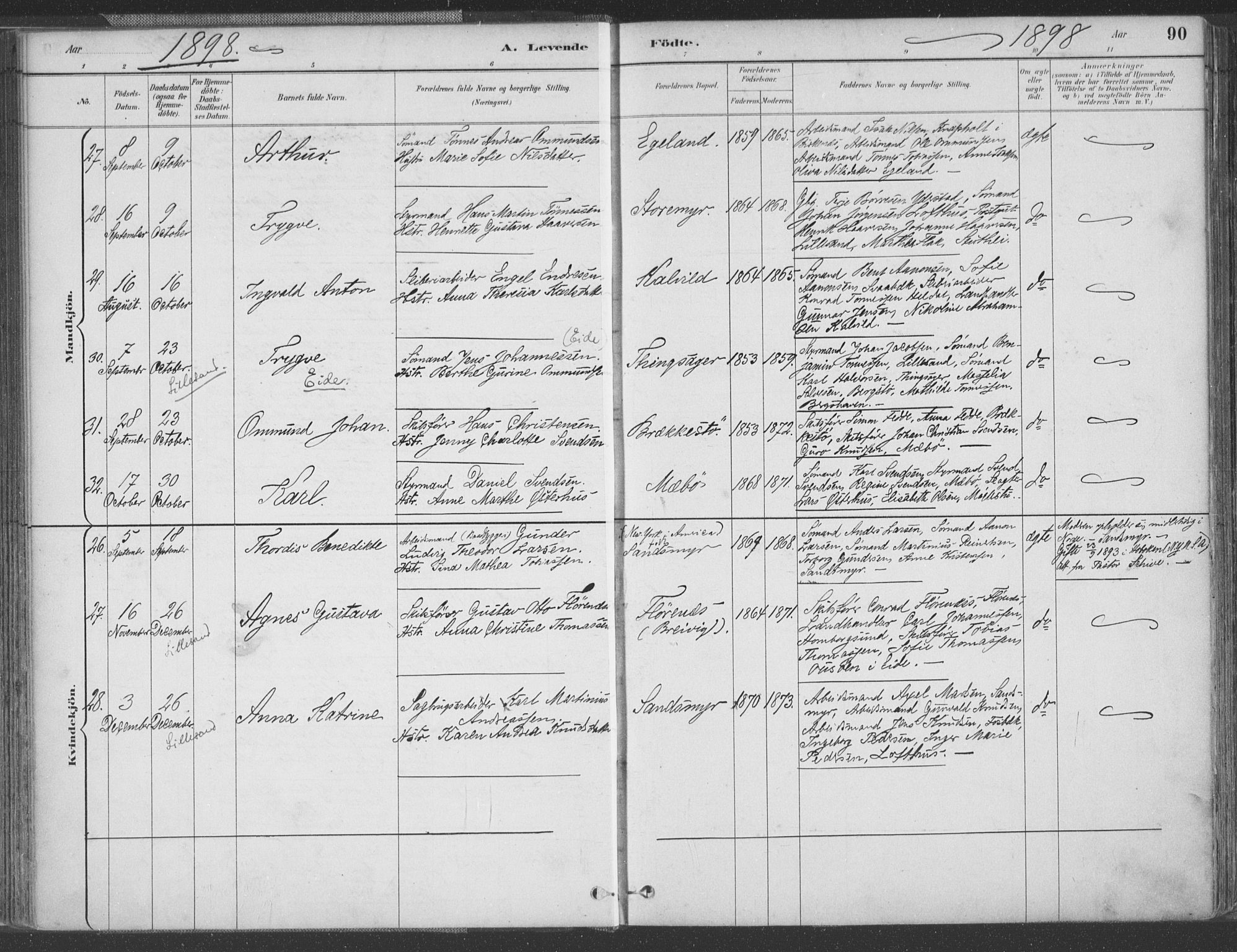 Vestre Moland sokneprestkontor, AV/SAK-1111-0046/F/Fa/Fab/L0009: Parish register (official) no. A 9, 1884-1899, p. 90