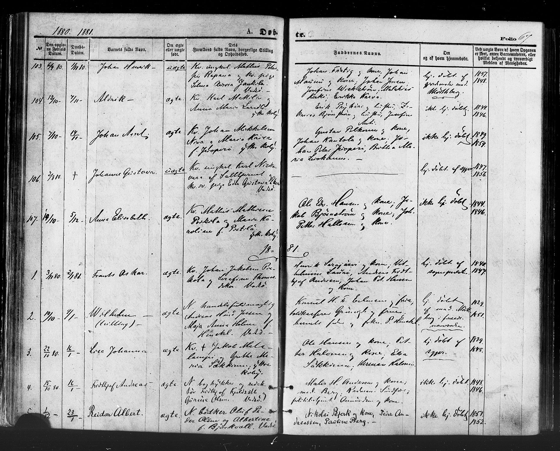 Vadsø sokneprestkontor, SATØ/S-1325/H/Ha/L0005kirke: Parish register (official) no. 5, 1873-1884, p. 67