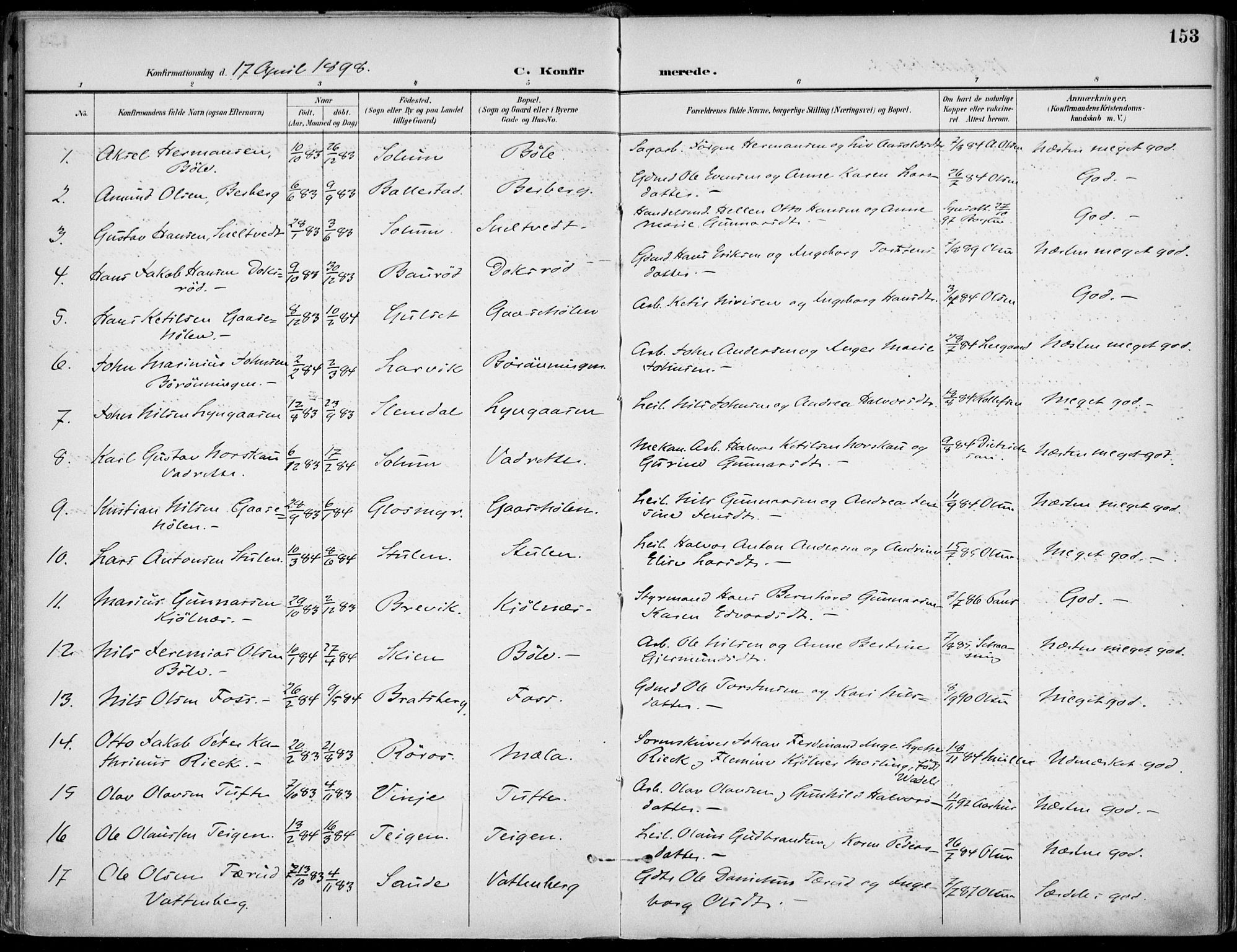 Gjerpen kirkebøker, SAKO/A-265/F/Fa/L0011: Parish register (official) no. I 11, 1896-1904, p. 153