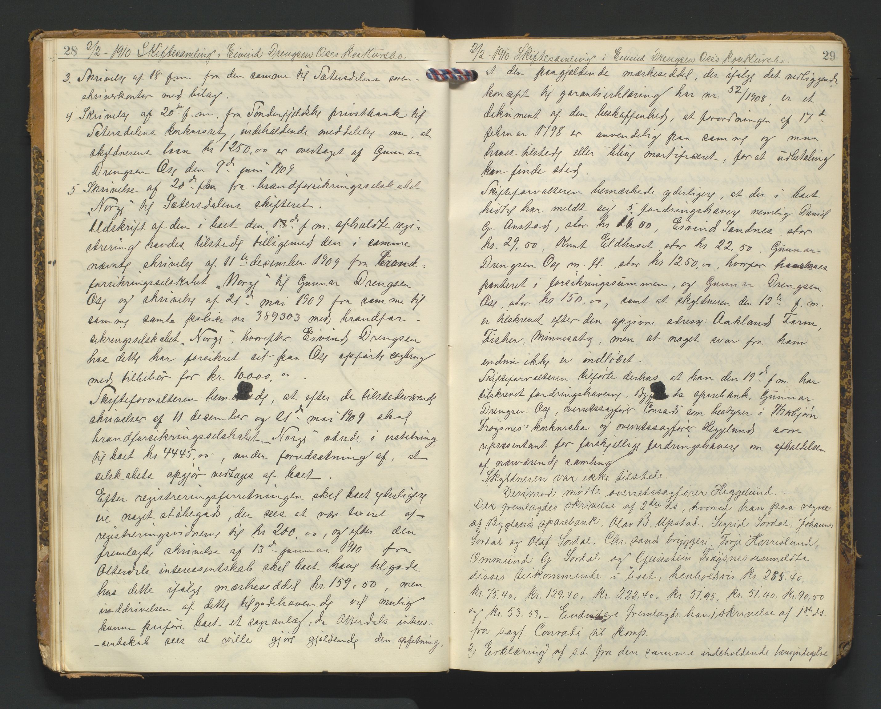 Setesdal sorenskriveri, AV/SAK-1221-0011/H/Hc/L0039: Skifteforhandlingsprotokoll nr 11, 1909-1920, p. 28-29