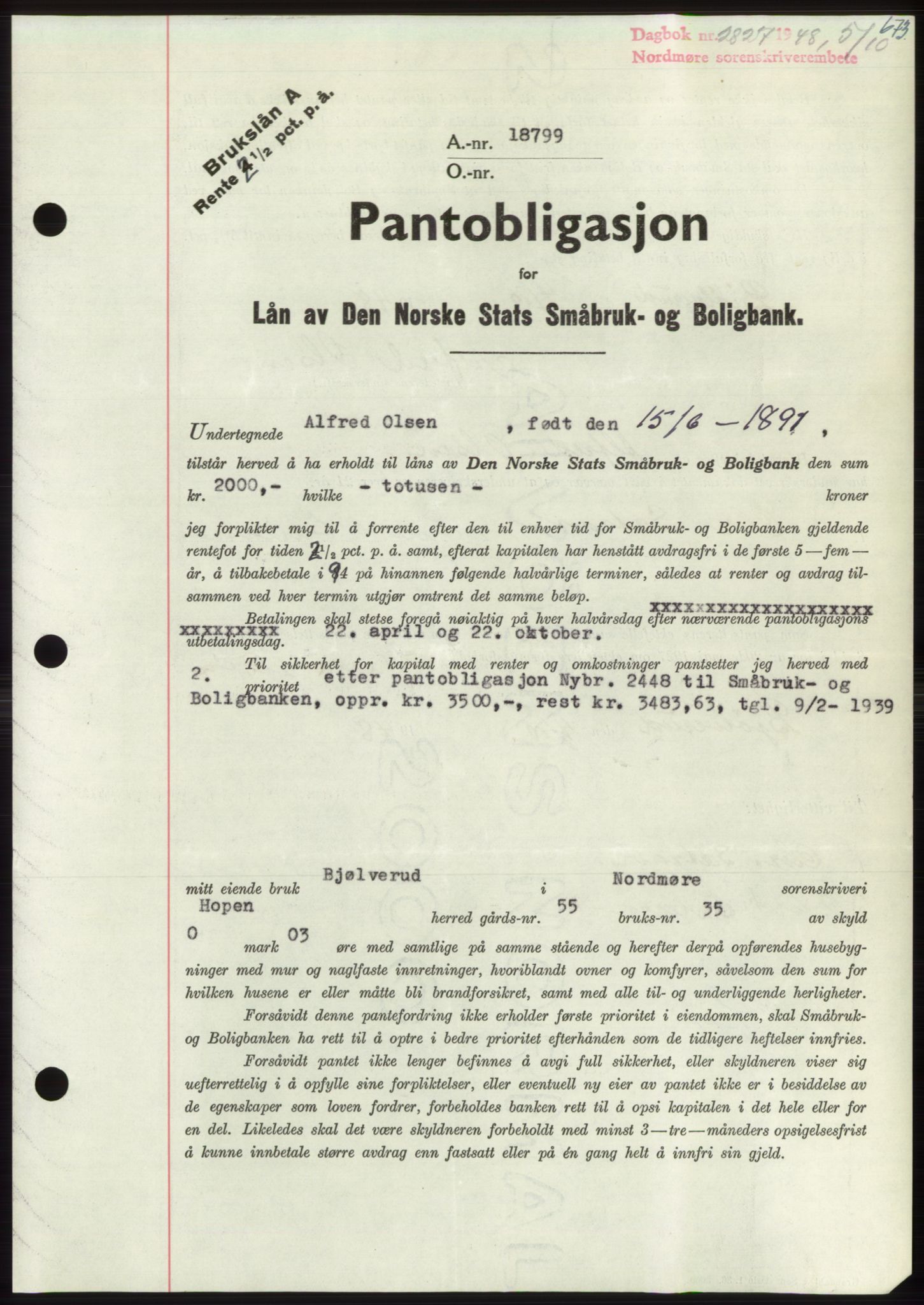 Nordmøre sorenskriveri, AV/SAT-A-4132/1/2/2Ca: Mortgage book no. B99, 1948-1948, Diary no: : 2827/1948