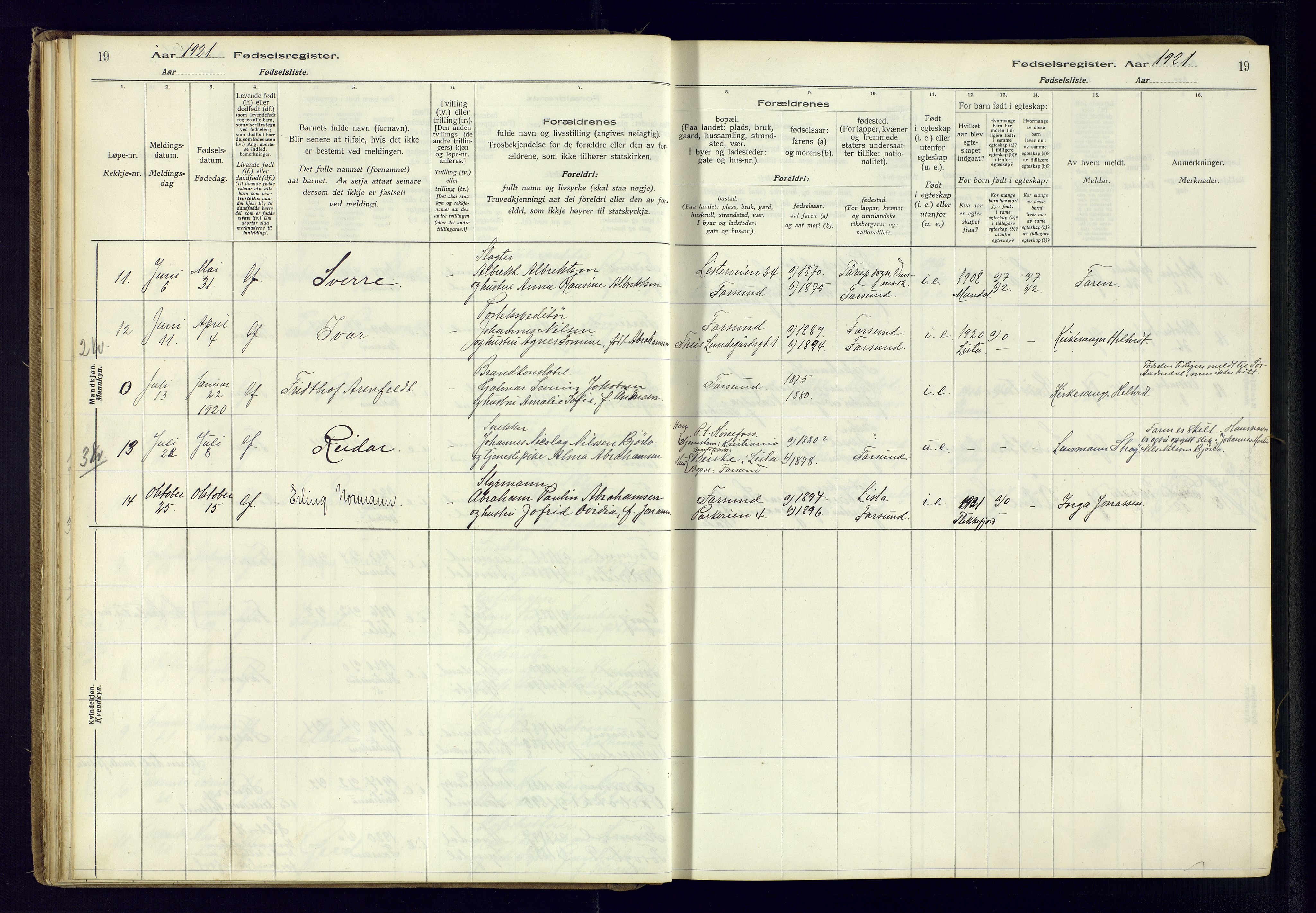 Farsund sokneprestkontor, AV/SAK-1111-0009/J/Ja/L0001: Birth register no. A-VI-8, 1916-1950, p. 19