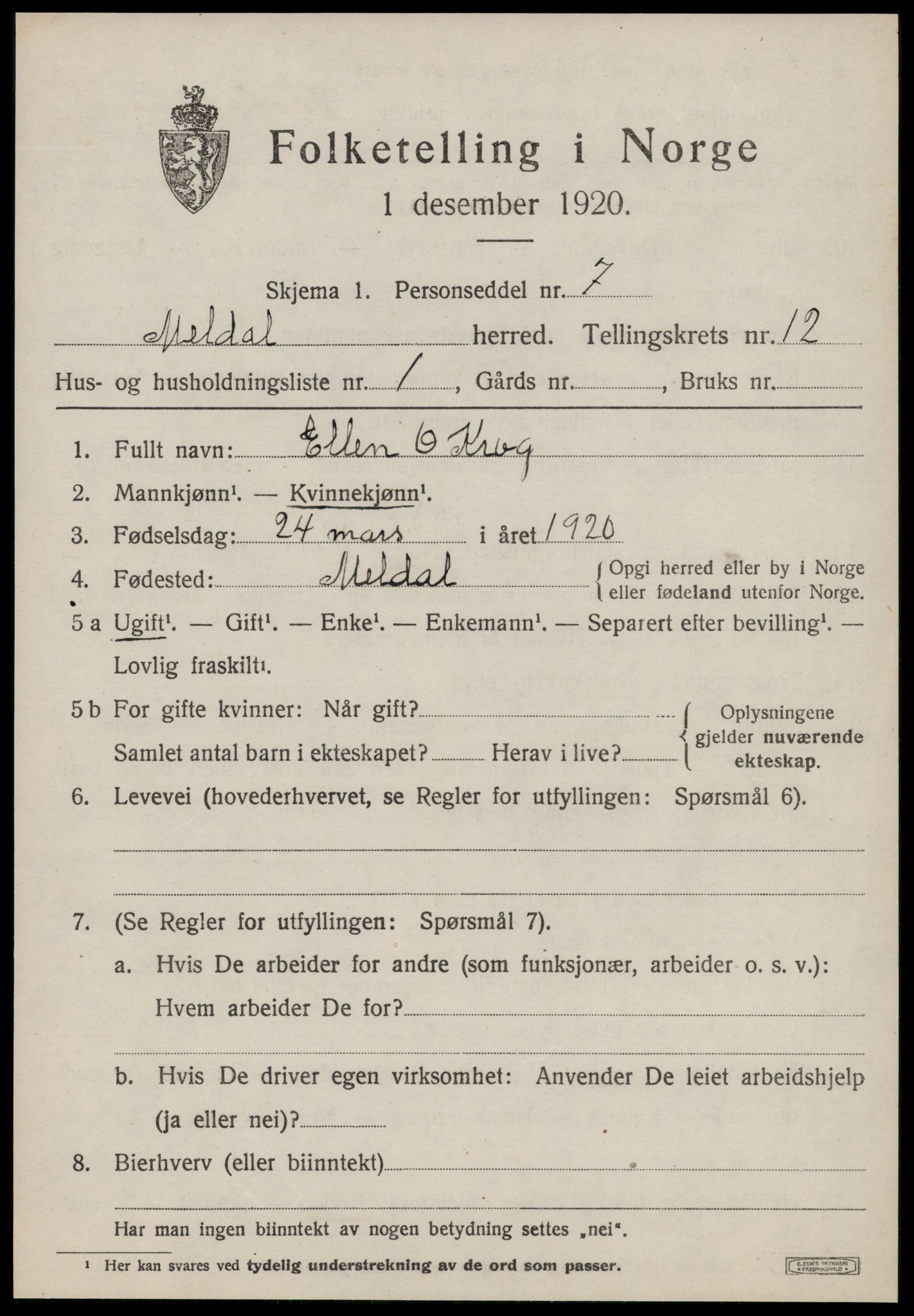 SAT, 1920 census for Meldal, 1920, p. 9143