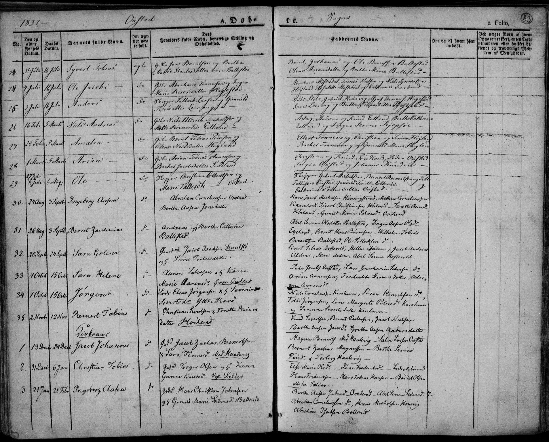 Lyngdal sokneprestkontor, AV/SAK-1111-0029/F/Fa/Fac/L0007: Parish register (official) no. A 7, 1825-1838, p. 83