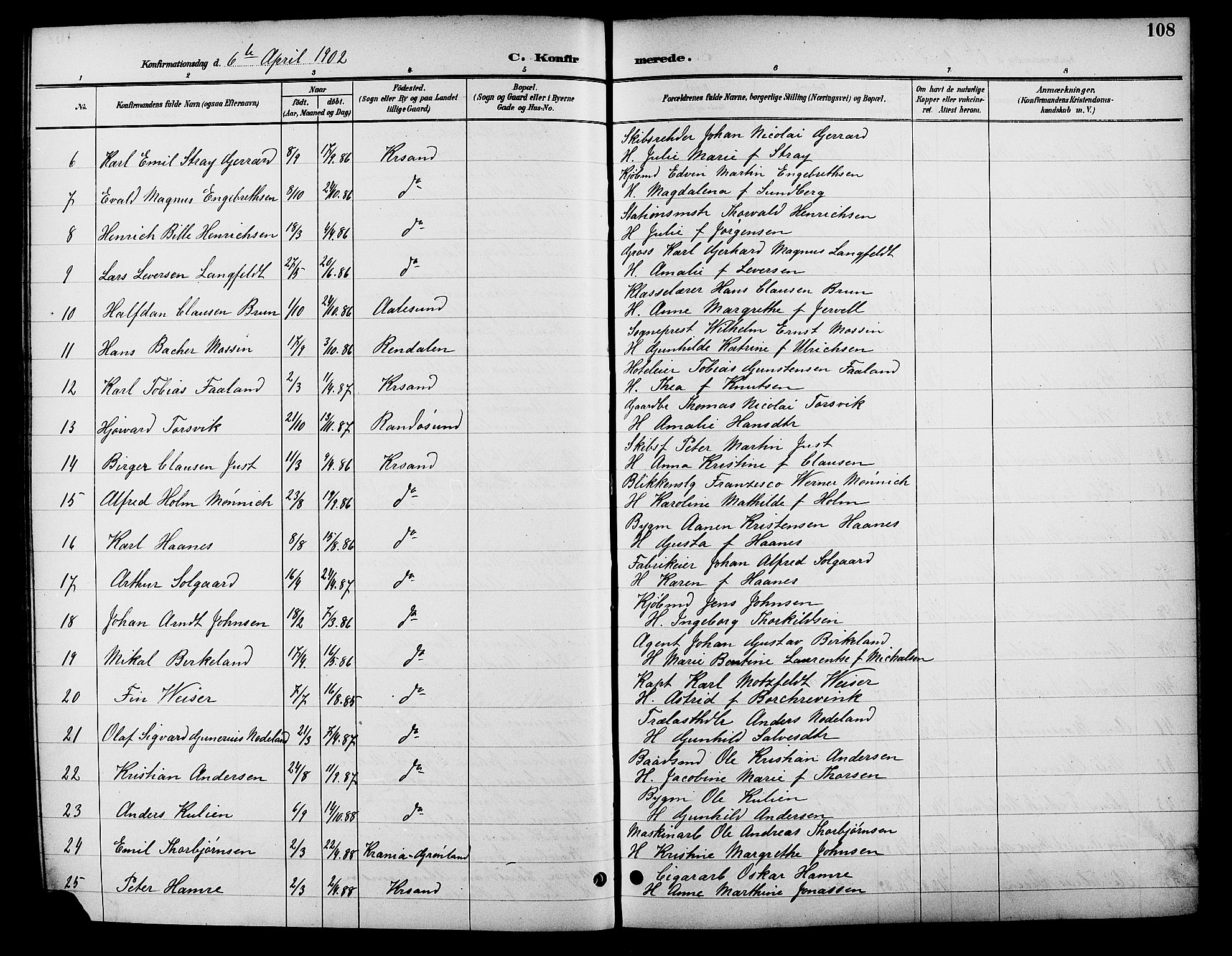 Kristiansand domprosti, SAK/1112-0006/F/Fb/L0017: Parish register (copy) no. B 17, 1893-1906, p. 108