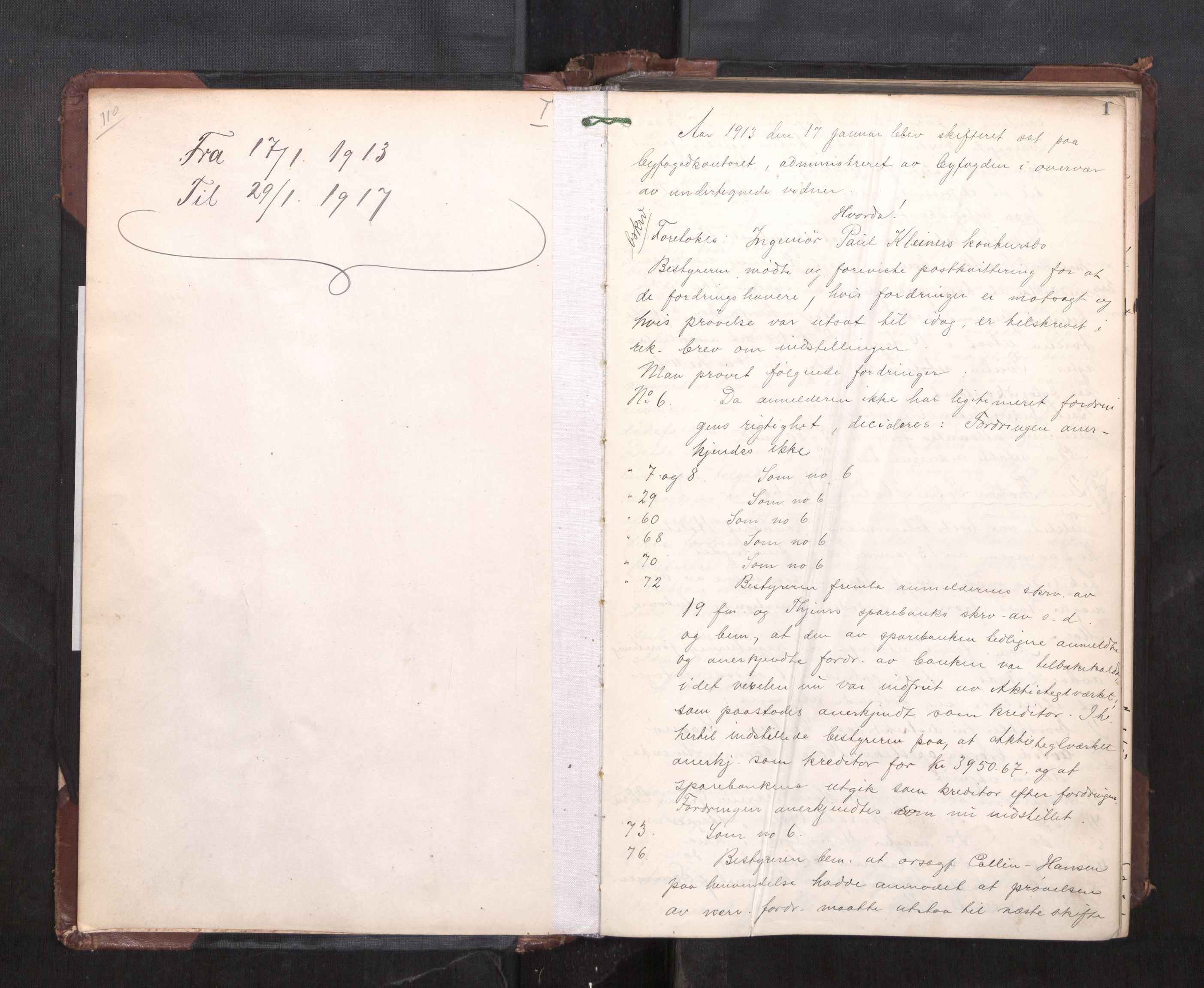 Trondheim byfogd, AV/SAT-A-0003/1/3/3C/L0028: Skifteregistreringsprotokoll - 17/1-29/1. (u/ register), 1913-1917, p. 1