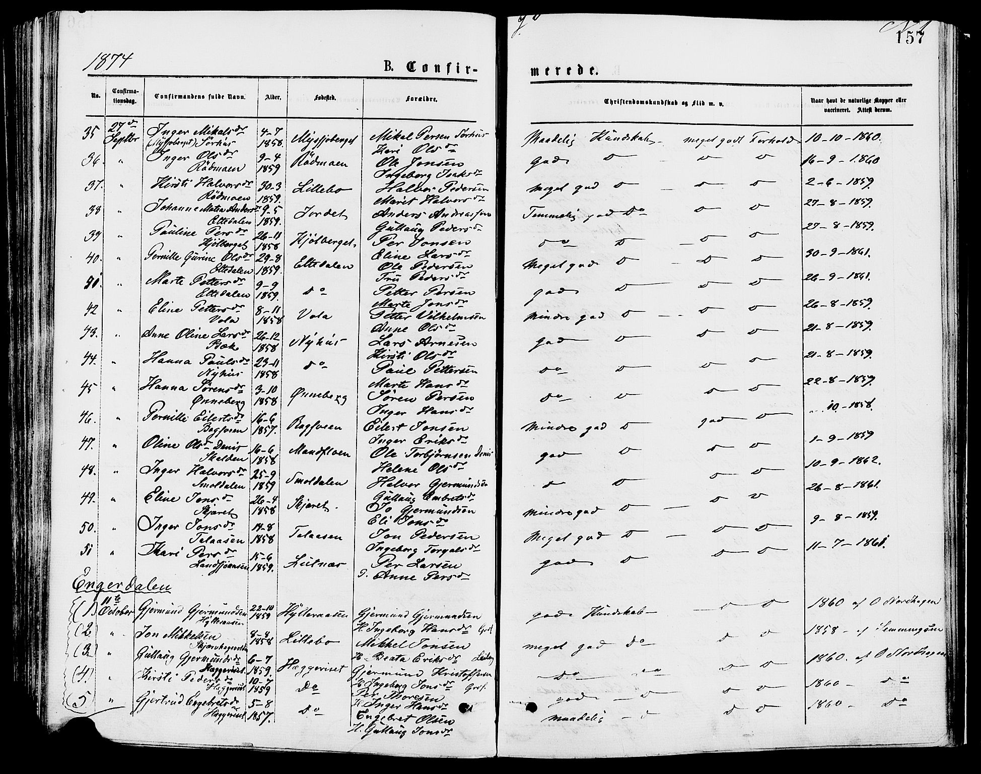 Trysil prestekontor, AV/SAH-PREST-046/H/Ha/Haa/L0007: Parish register (official) no. 7, 1874-1880, p. 157