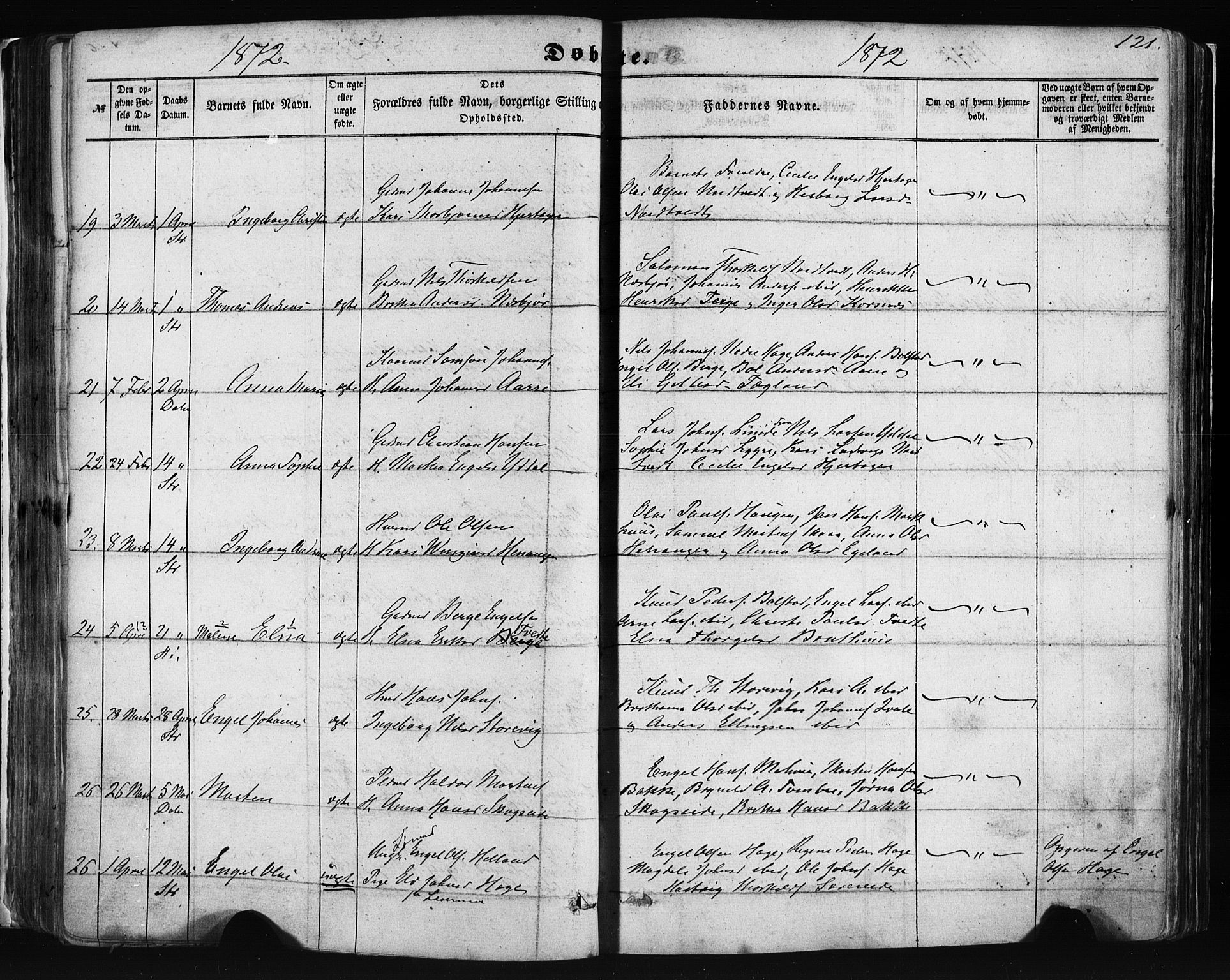 Fusa sokneprestembete, AV/SAB-A-75401/H/Haa: Parish register (official) no. A 1I, 1855-1879, p. 121