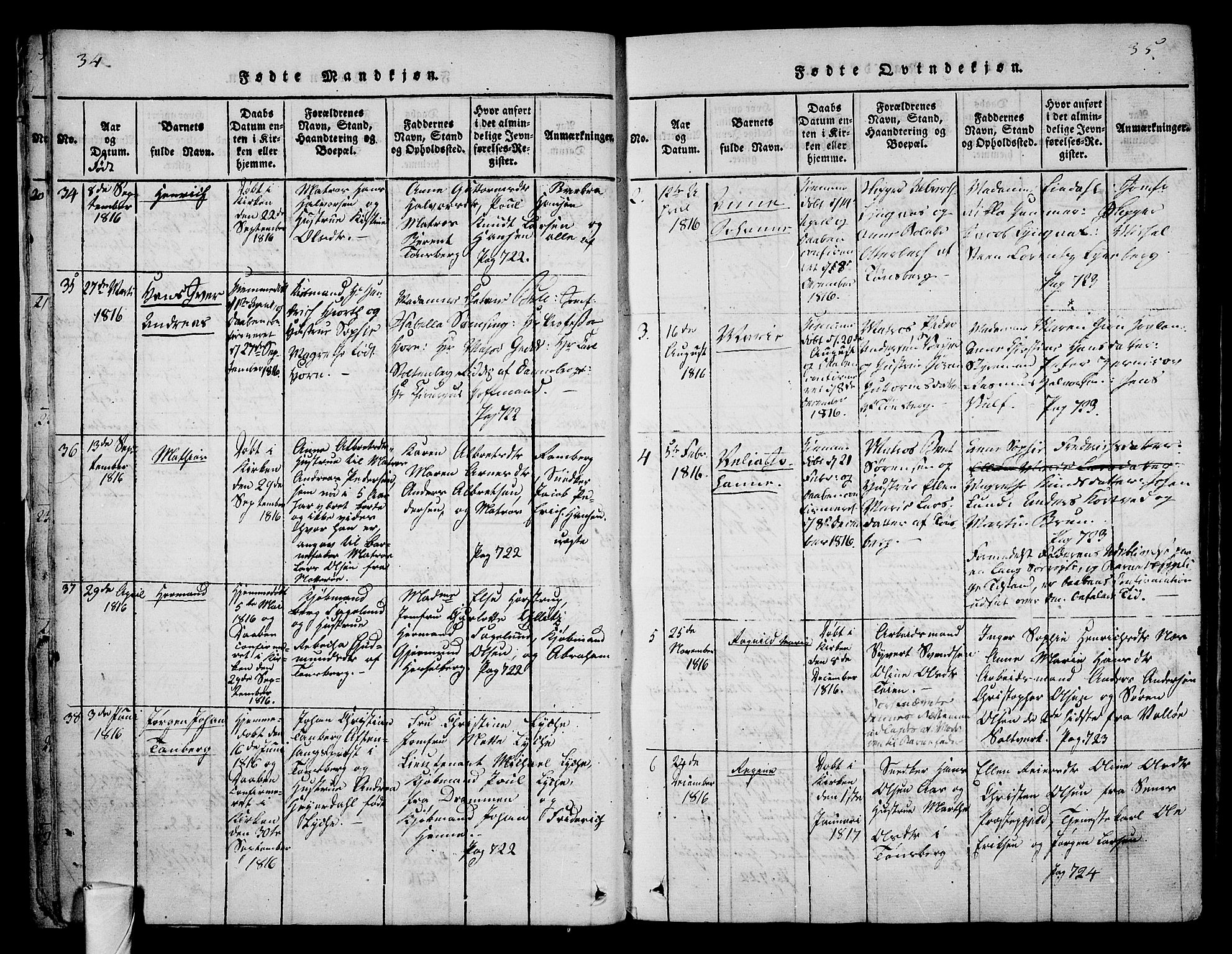 Tønsberg kirkebøker, SAKO/A-330/F/Fa/L0004: Parish register (official) no. I 4, 1813-1826, p. 34-35